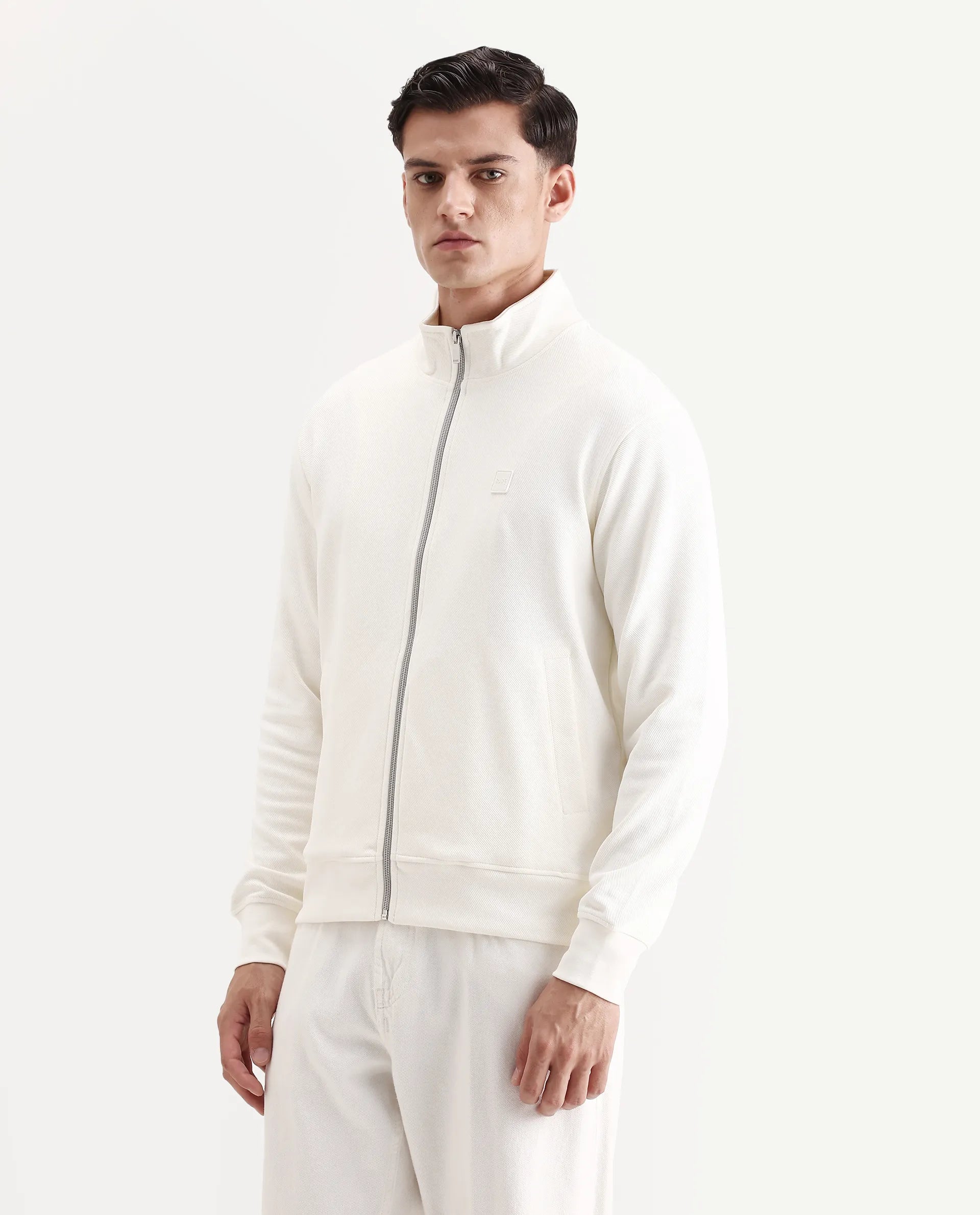 Rare Rabbit Men's Costo-J Off White Polyester Blend Plain Relaxed Fit Full Sleeve High Neck Sweatshirt