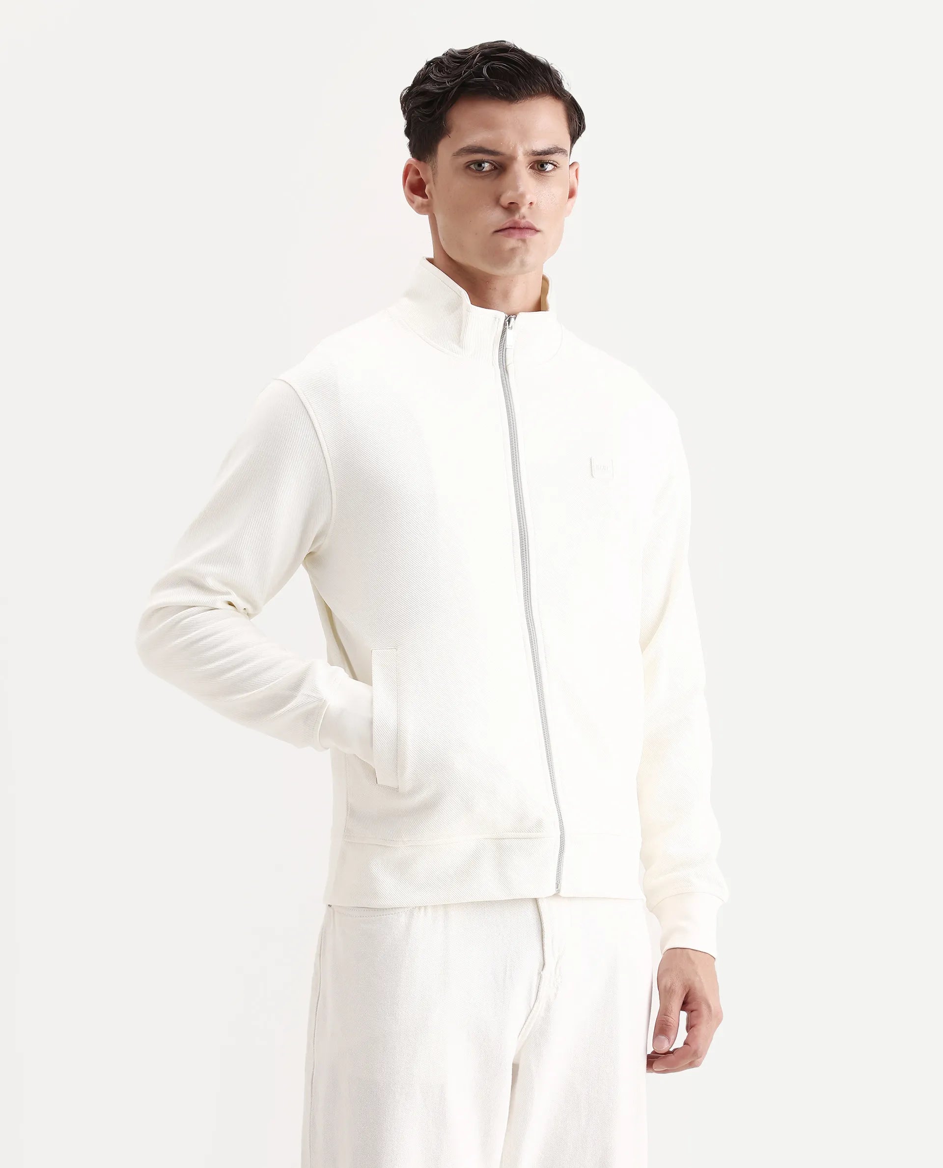 Rare Rabbit Men's Costo-J Off White Polyester Blend Plain Relaxed Fit Full Sleeve High Neck Sweatshirt