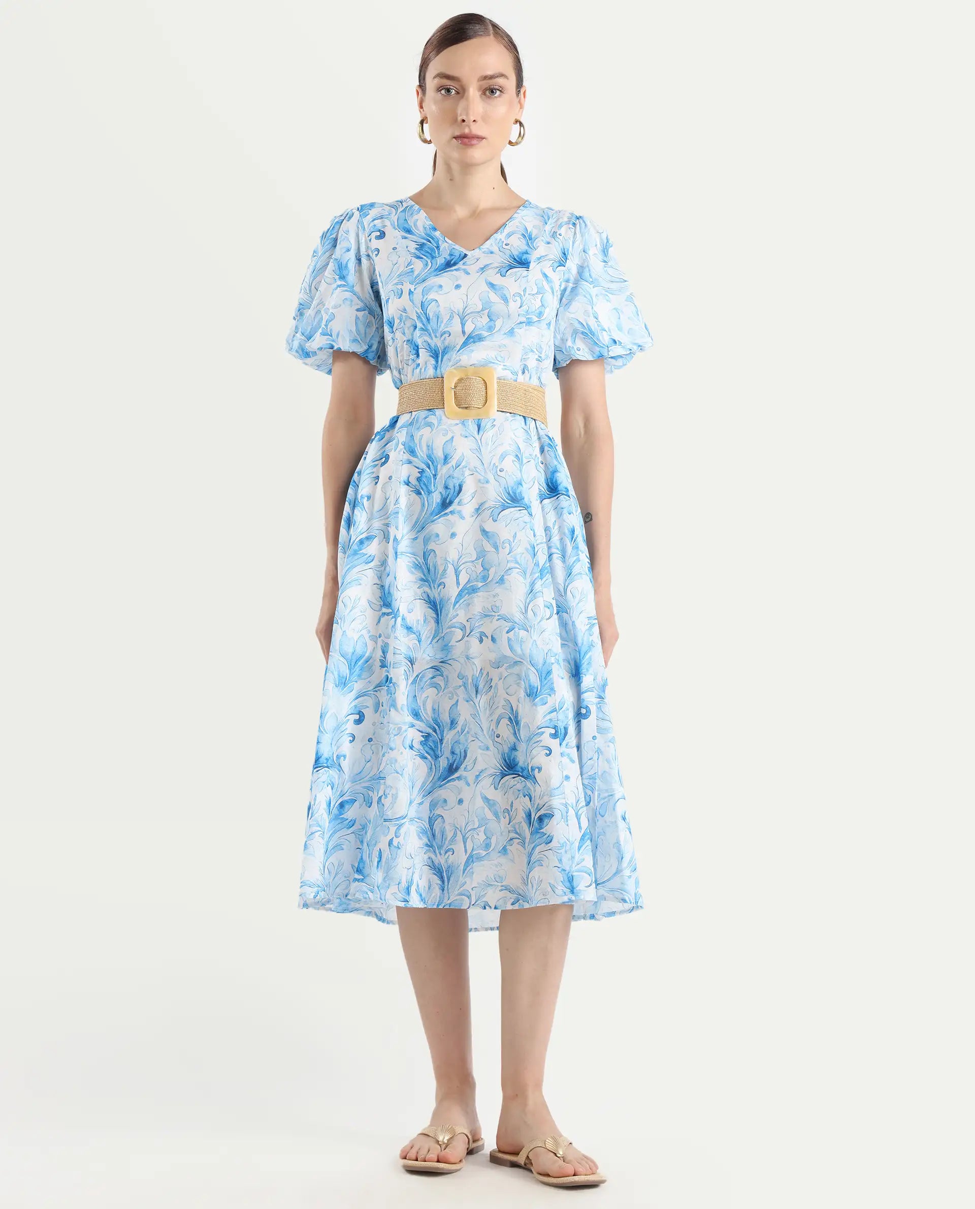 Rareism Women's Covan Light Blue Cotton V-Neck Paisley Print Balloon Sleeve Midi Fit And Flare Dress