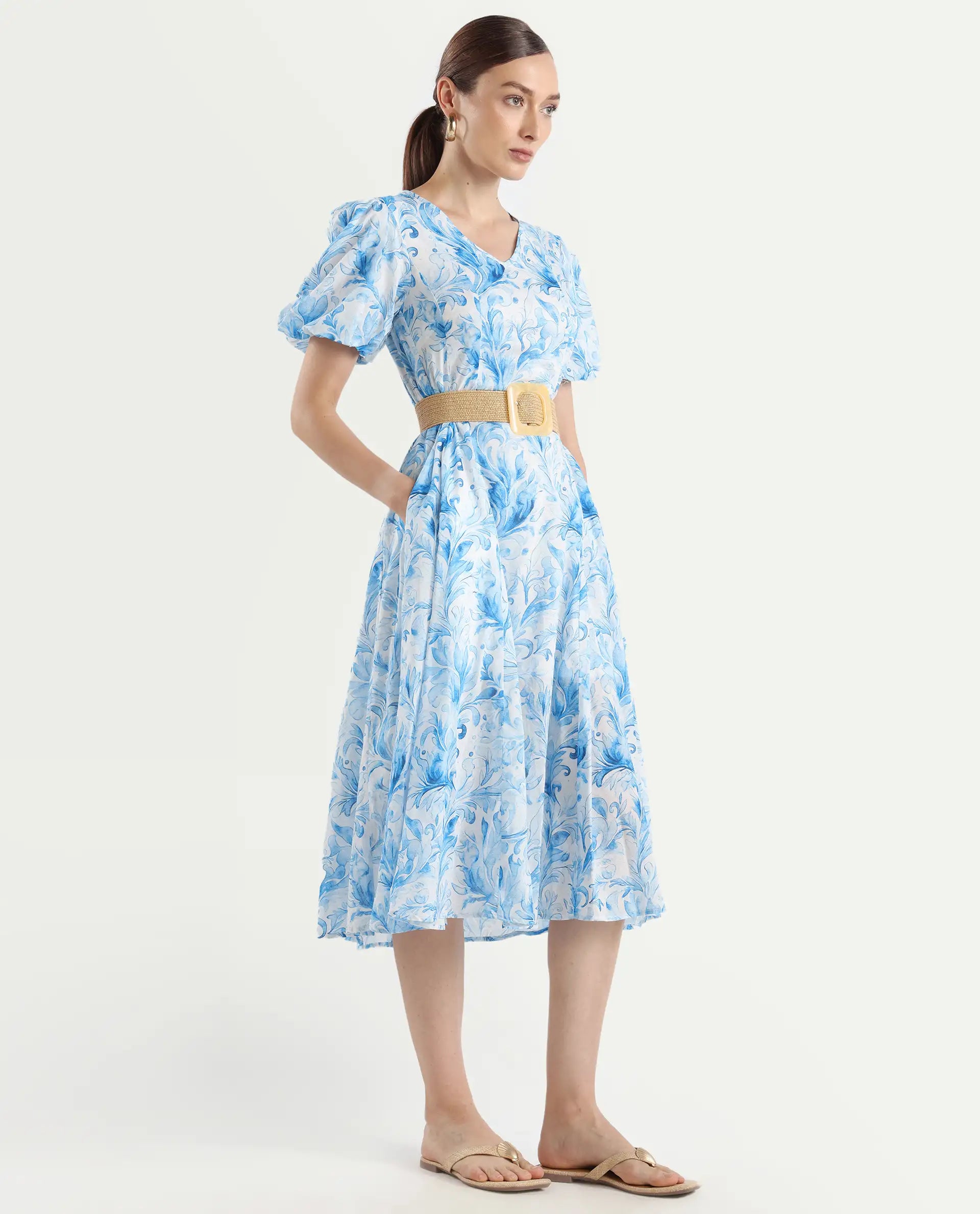 Rareism Women's Covan Light Blue Cotton V-Neck Paisley Print Balloon Sleeve Midi Fit And Flare Dress