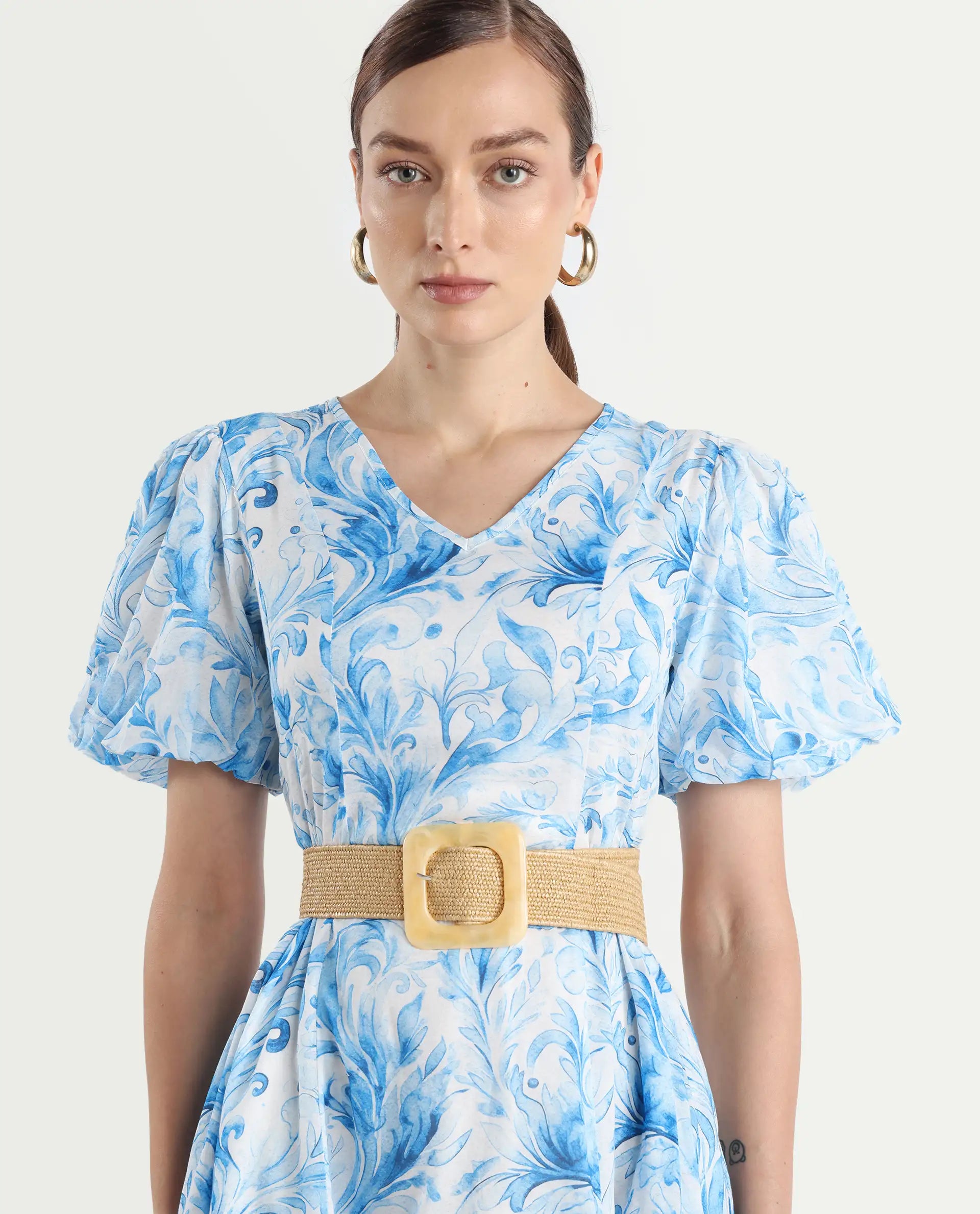 Rareism Women's Covan Light Blue Cotton V-Neck Paisley Print Balloon Sleeve Midi Fit And Flare Dress