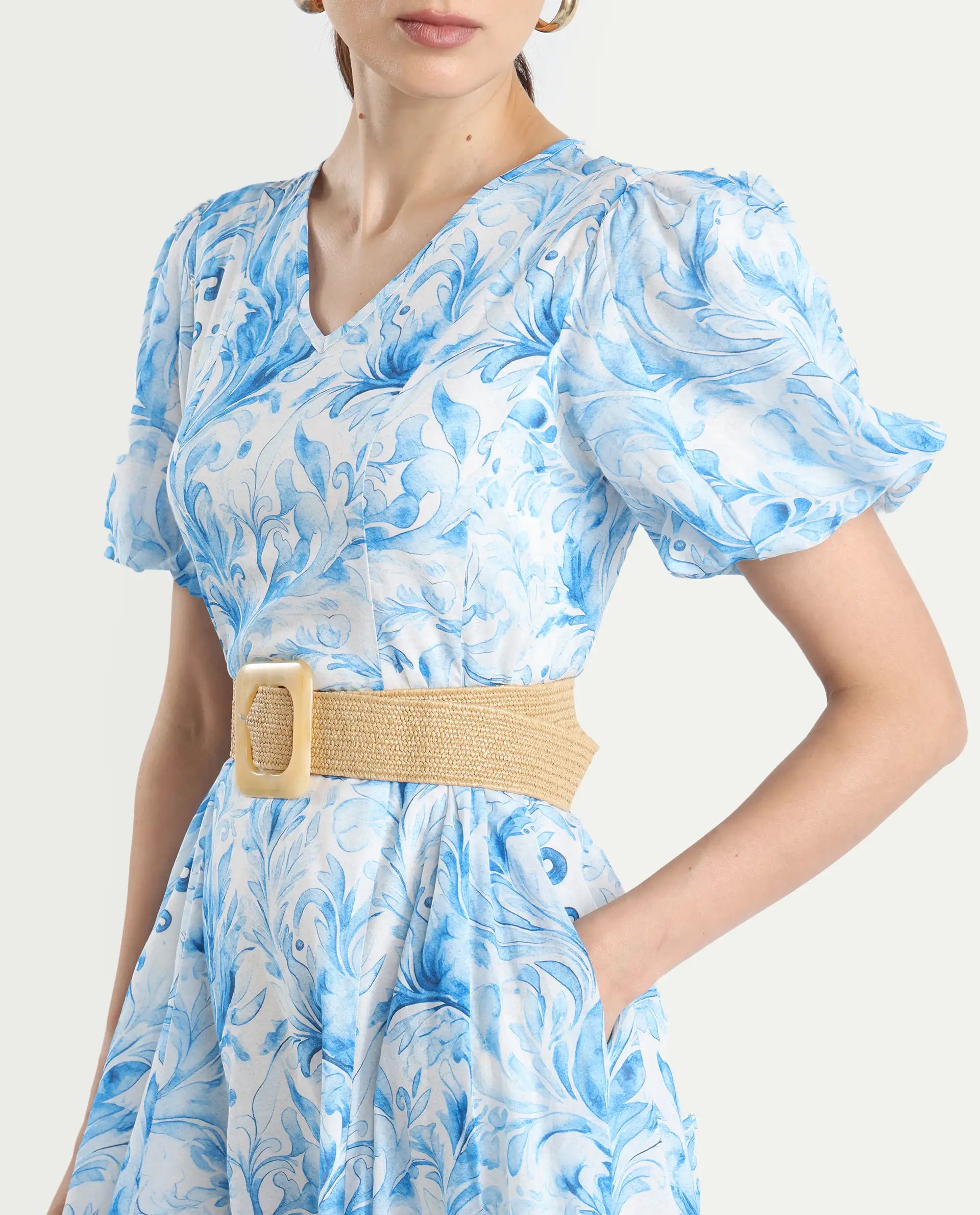 Rareism Women's Covan Light Blue Cotton V-Neck Paisley Print Balloon Sleeve Midi Fit And Flare Dress