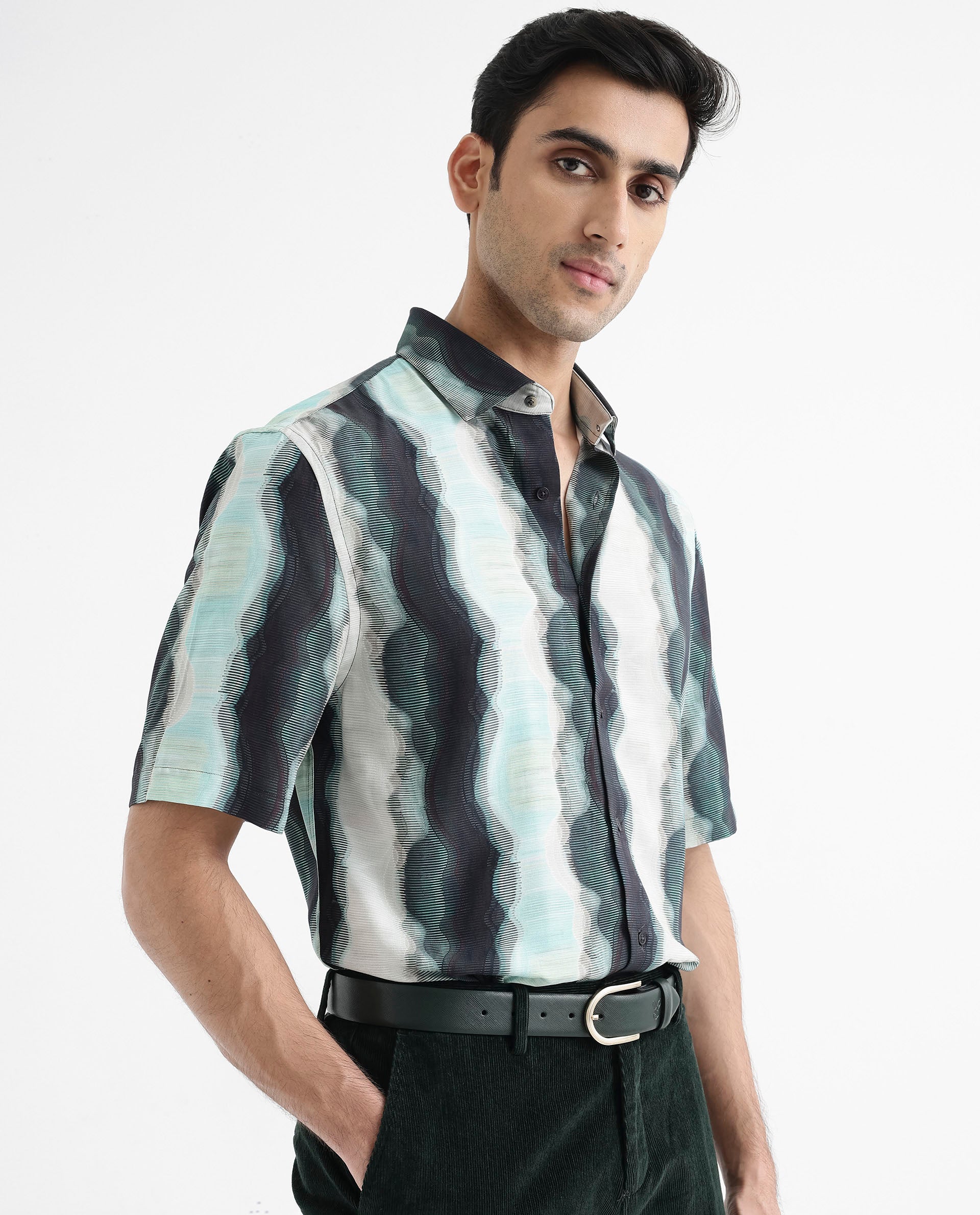 Rare Rabbit Men's Covel Dark Turq Viscose Fabric Regular Collar Half Sleeves Abstract Stripe Print Shirt
