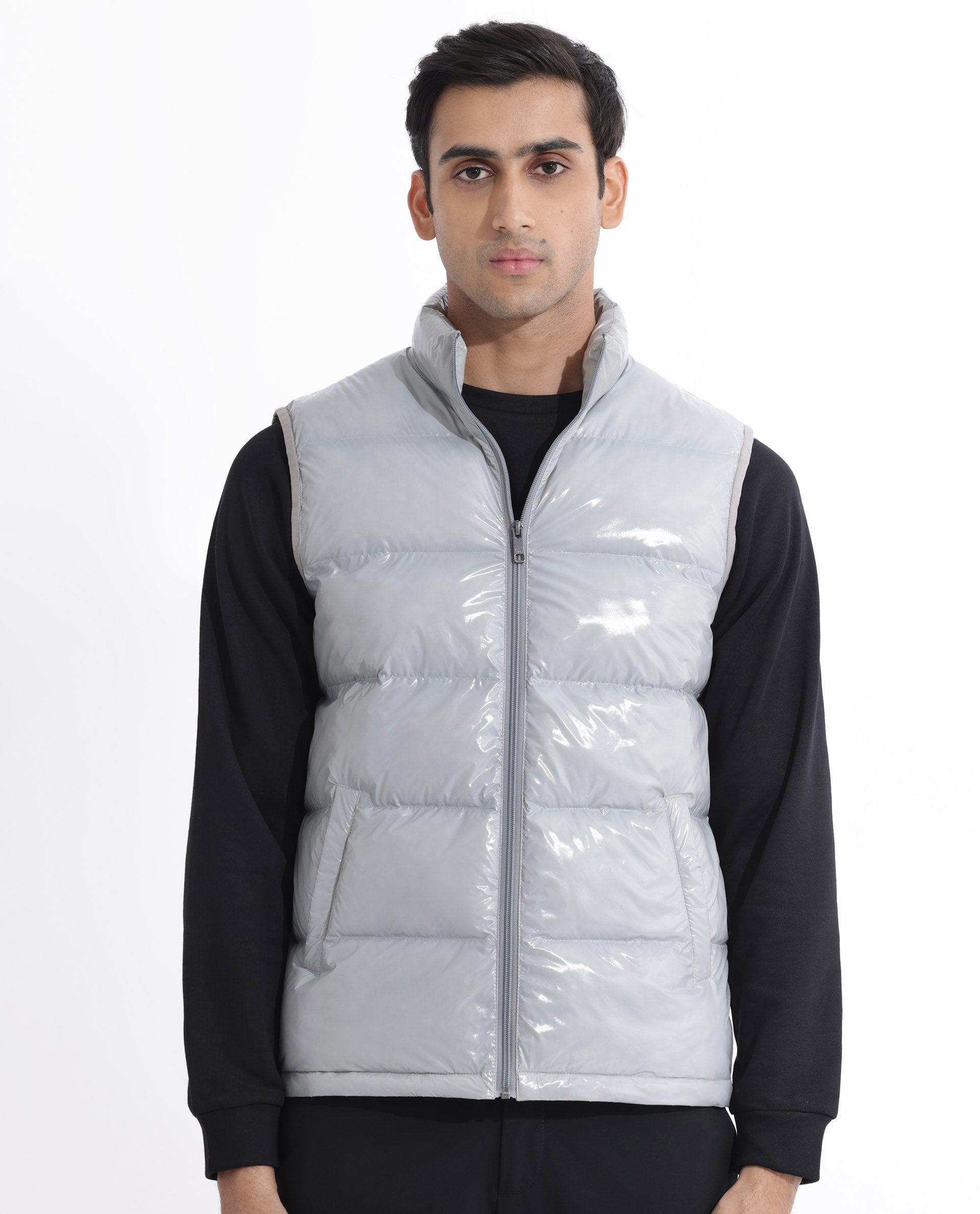 Rare Rabbit Men's Cover Light Grey Metallic High Neck Quilted Puffer Jacket