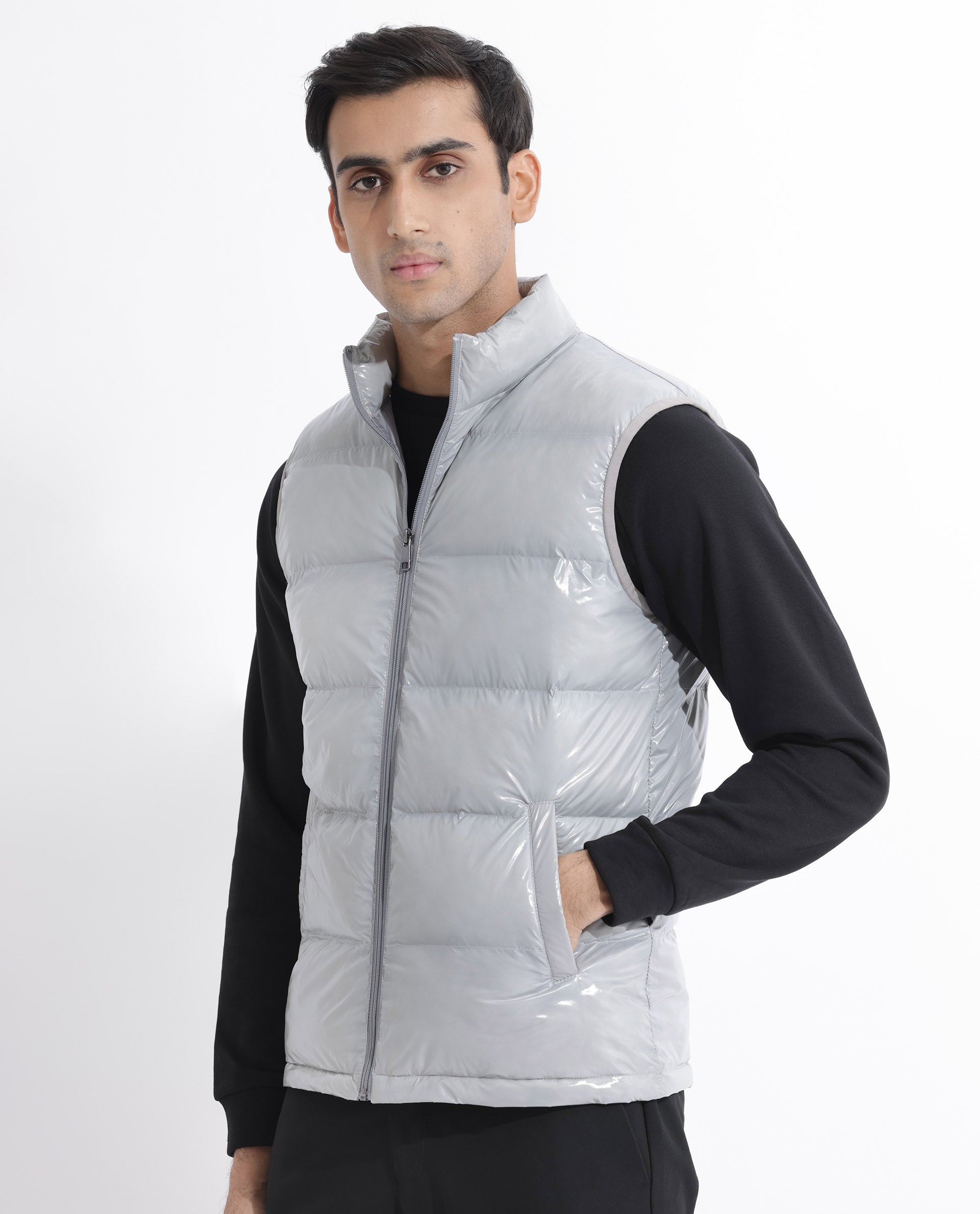 Rare Rabbit Men's Cover Light Grey Metallic High Neck Quilted Puffer Jacket