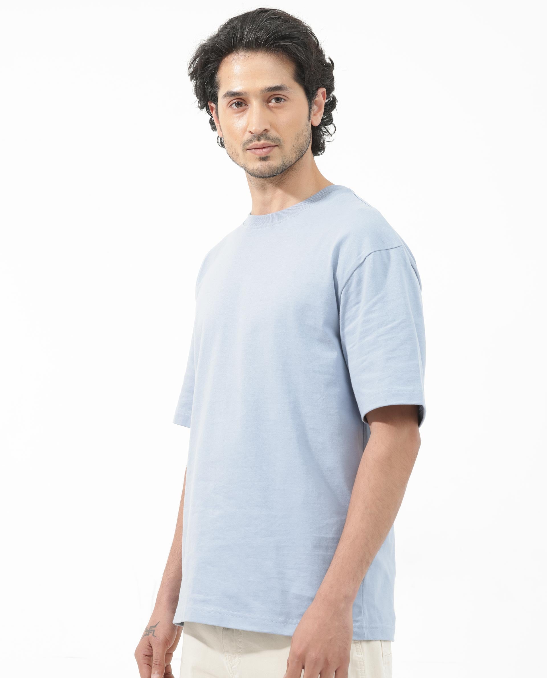 Rare Rabbit Articale Men's Covey Blue Cotton Fabric Crew Neck Oversized Fit Knit Botanical Print T-Shirt