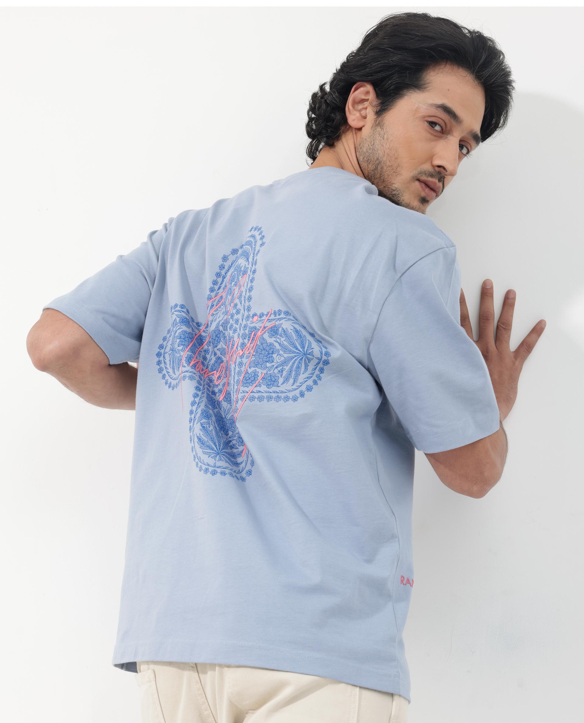 Rare Rabbit Articale Men's Covey Blue Cotton Fabric Crew Neck Oversized Fit Knit Botanical Print T-Shirt