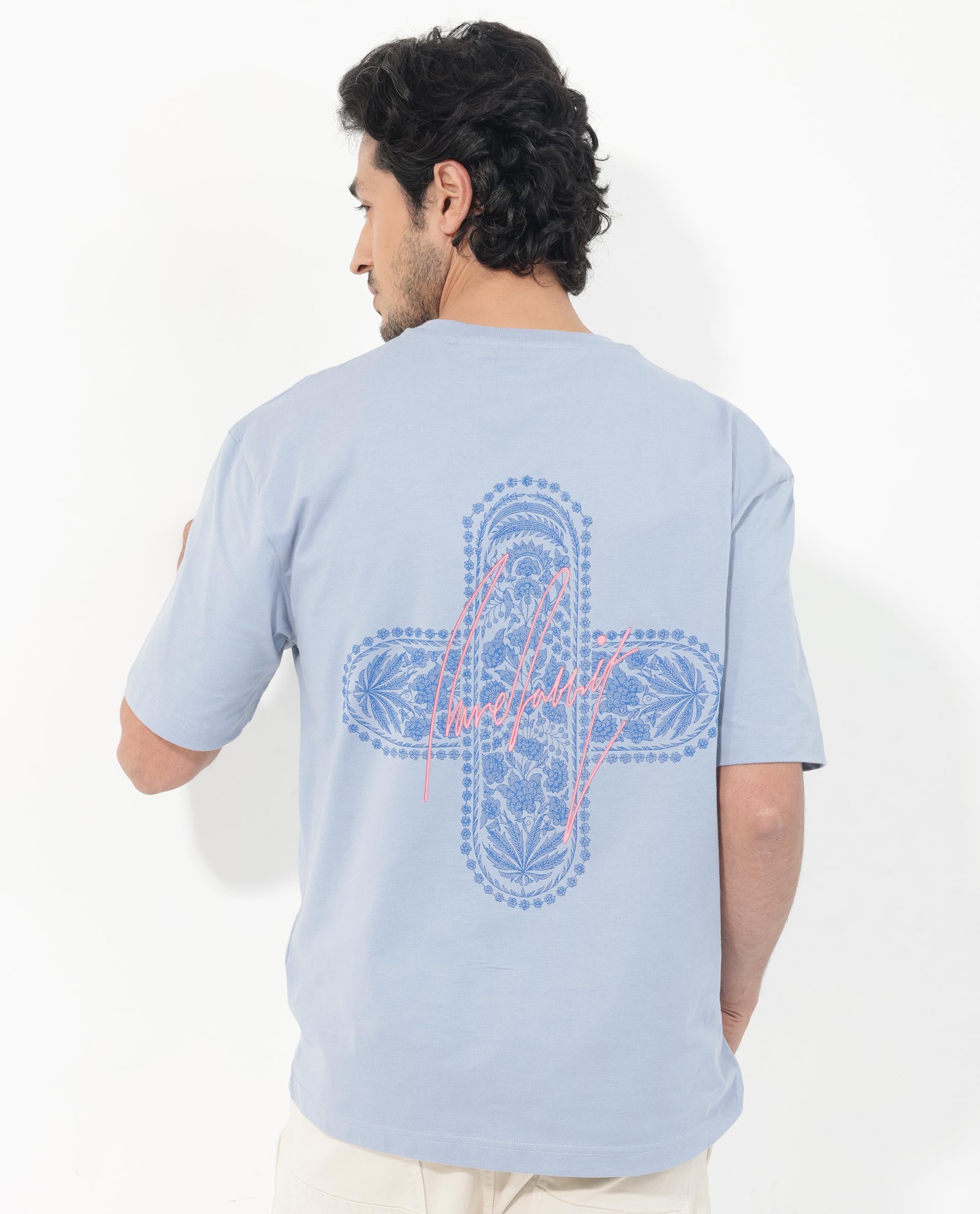 Rare Rabbit Articale Men's Covey Blue Cotton Fabric Crew Neck Oversized Fit Knit Botanical Print T-Shirt