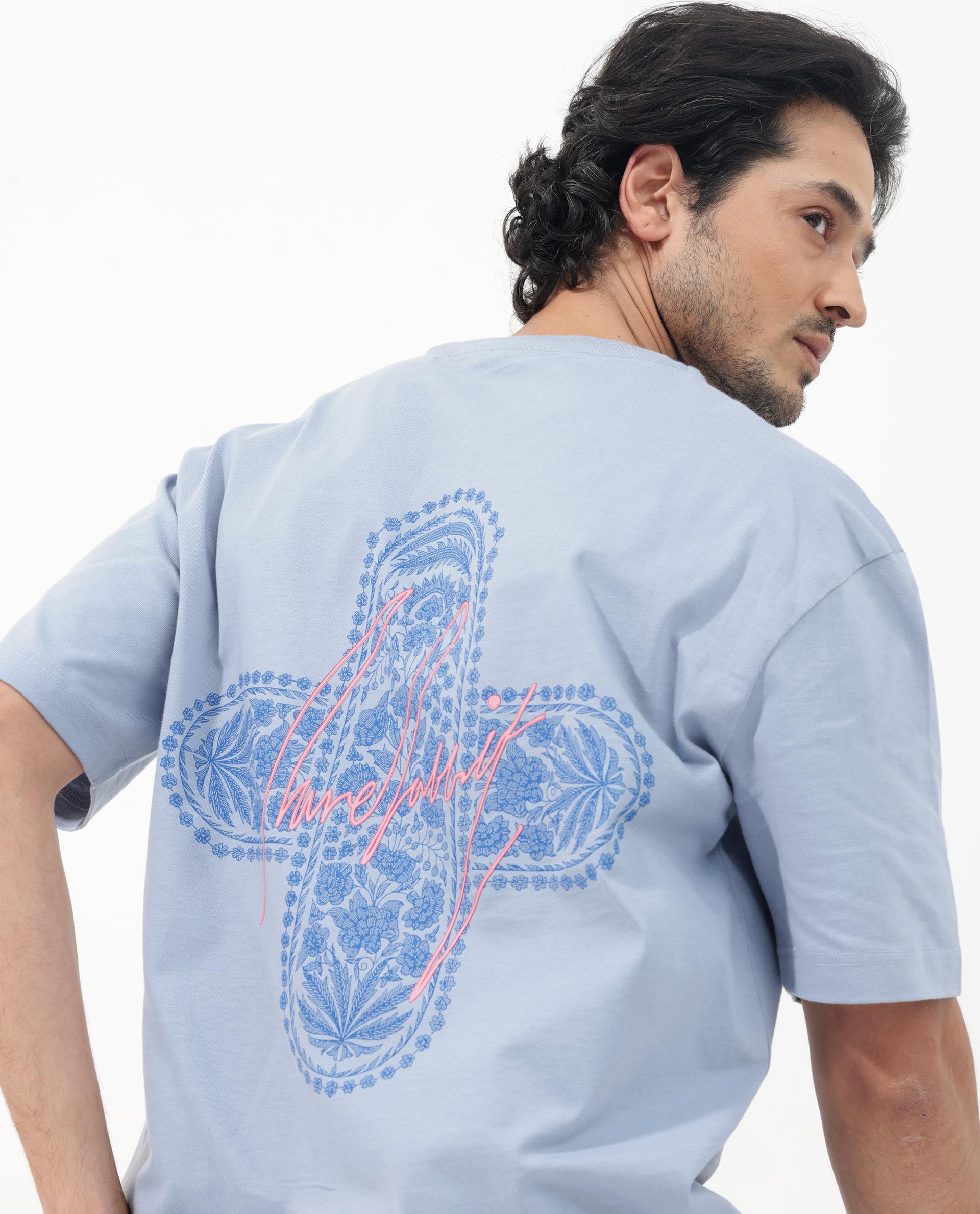 Rare Rabbit Articale Men's Covey Blue Cotton Fabric Crew Neck Oversized Fit Knit Botanical Print T-Shirt