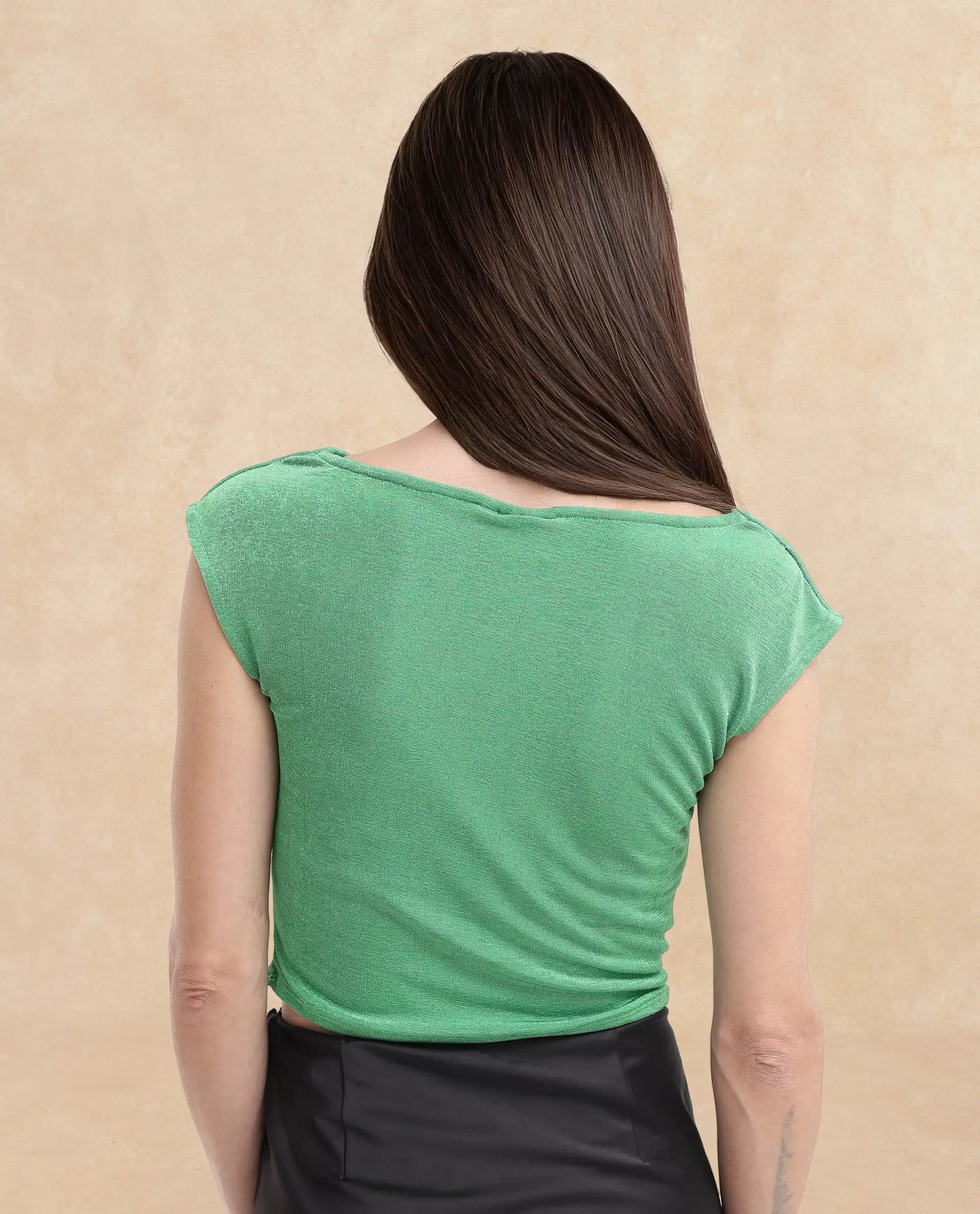 Rareism Women Cowly Green Polyester Fabric Short Sleeve U-Neck Solid Regular Fit Top