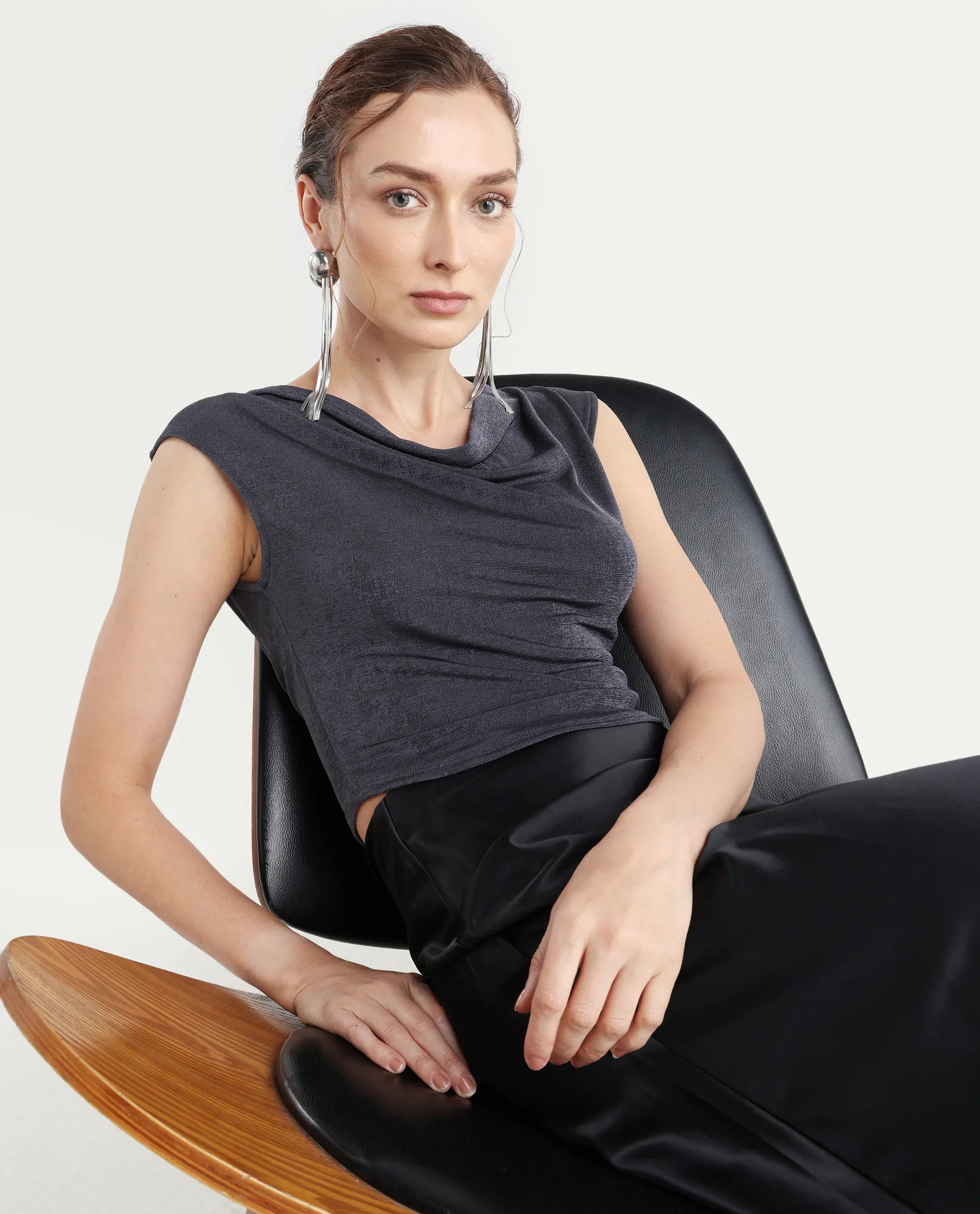 Rareism Women's Cowly Dark Grey Polyester Cowl Neck Plain Sleeveless Regular Fit Top