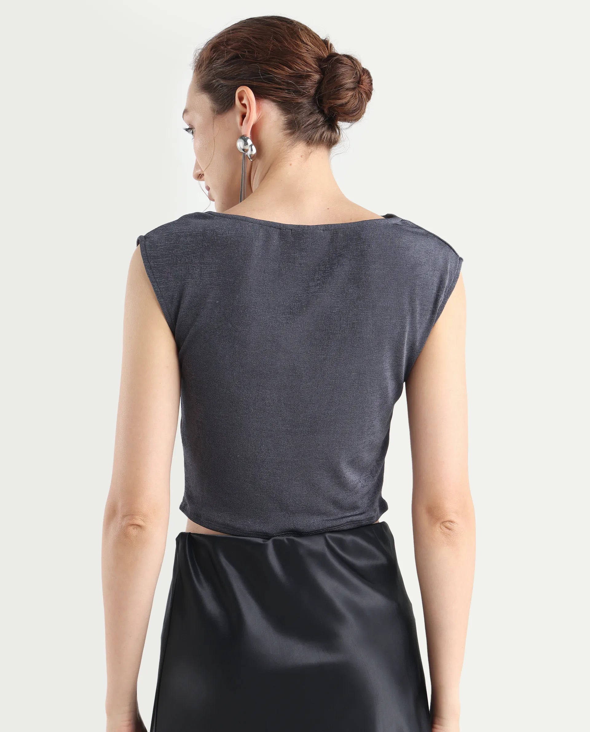 Rareism Women's Cowly Dark Grey Polyester Cowl Neck Plain Sleeveless Regular Fit Top