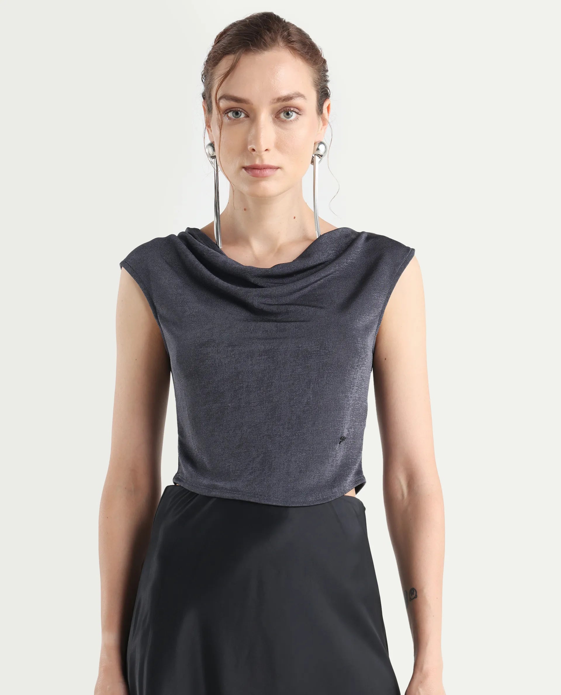 Rareism Women's Cowly Dark Grey Polyester Cowl Neck Plain Sleeveless Regular Fit Top
