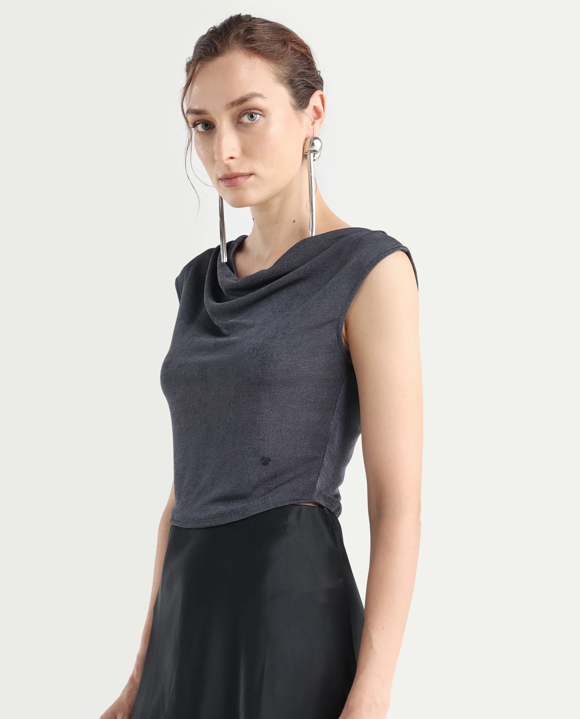 Rareism Women's Cowly Dark Grey Polyester Cowl Neck Plain Sleeveless Regular Fit Top
