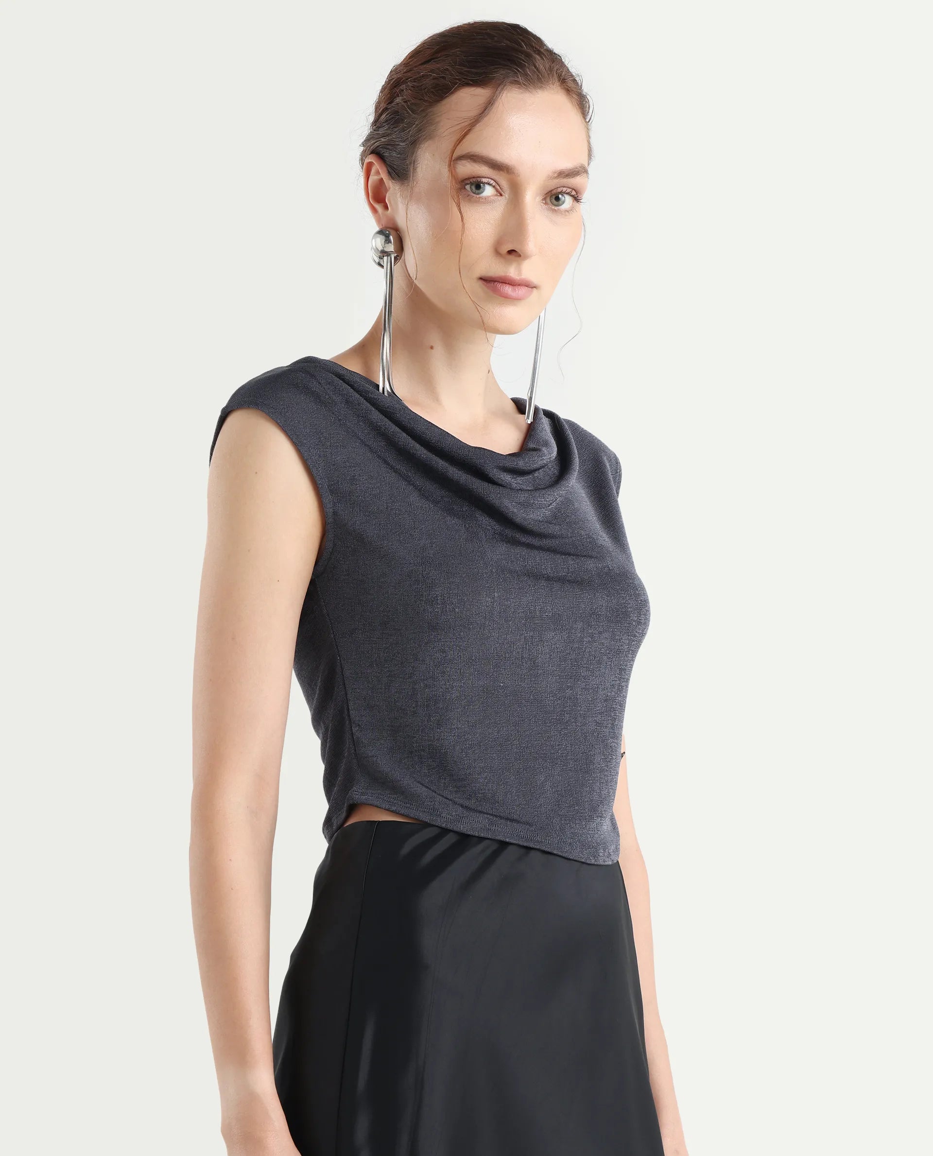 Rareism Women's Cowly Dark Grey Polyester Cowl Neck Plain Sleeveless Regular Fit Top