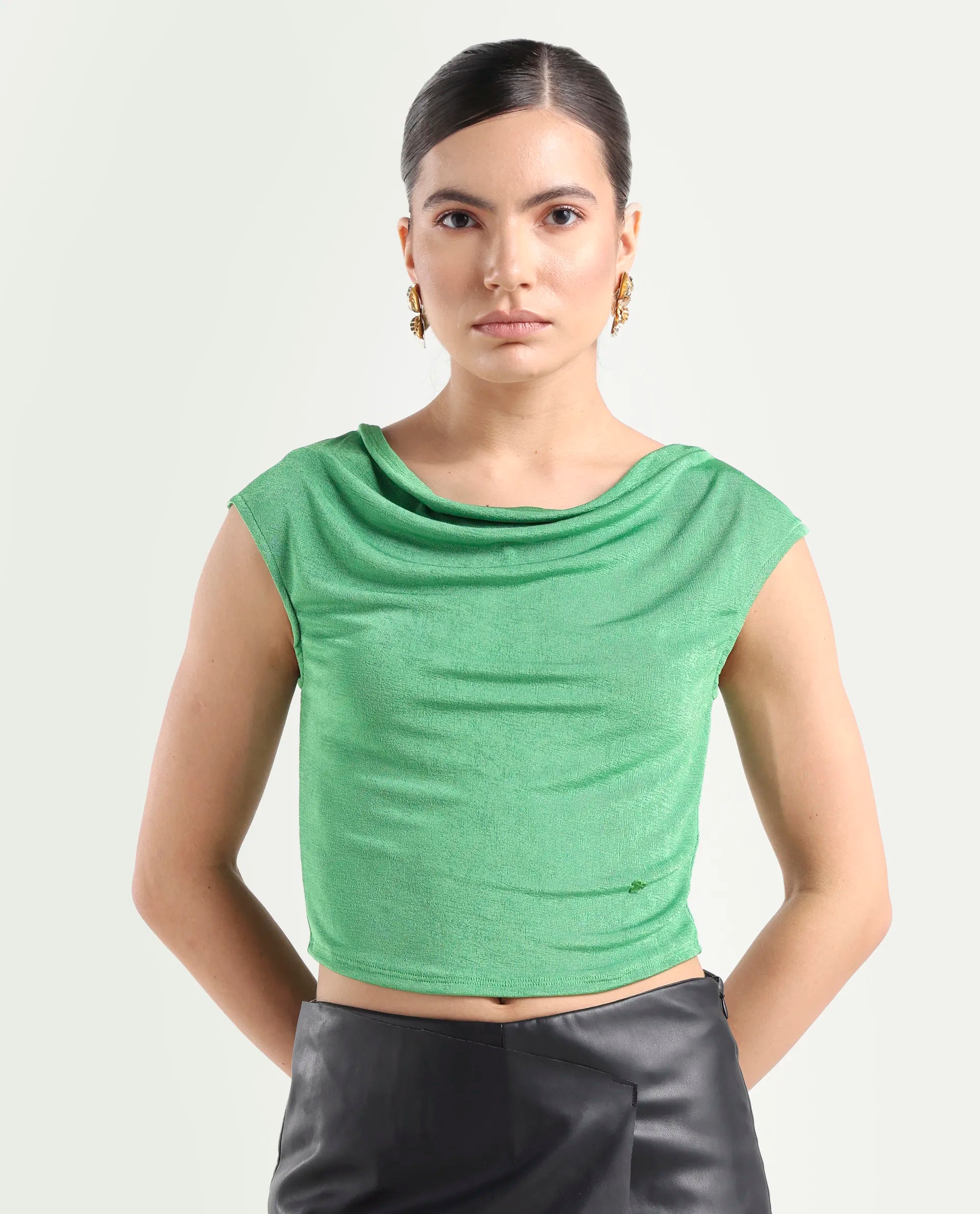 Rareism Women's Cowly Green Polyester Cowl Neck Plain Sleeveless Regular Fit Top