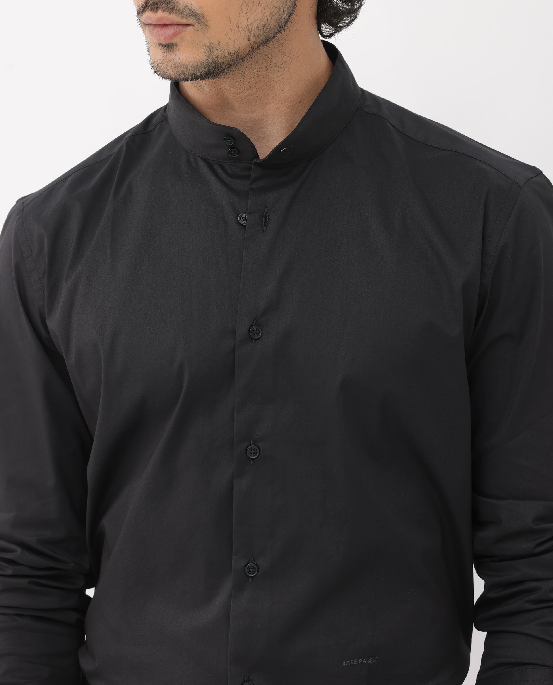 Rare Rabbit Men's Cox-3 Black Cotton Polyester Fabric Mandarin Collar Full Sleeves Solid Shirt