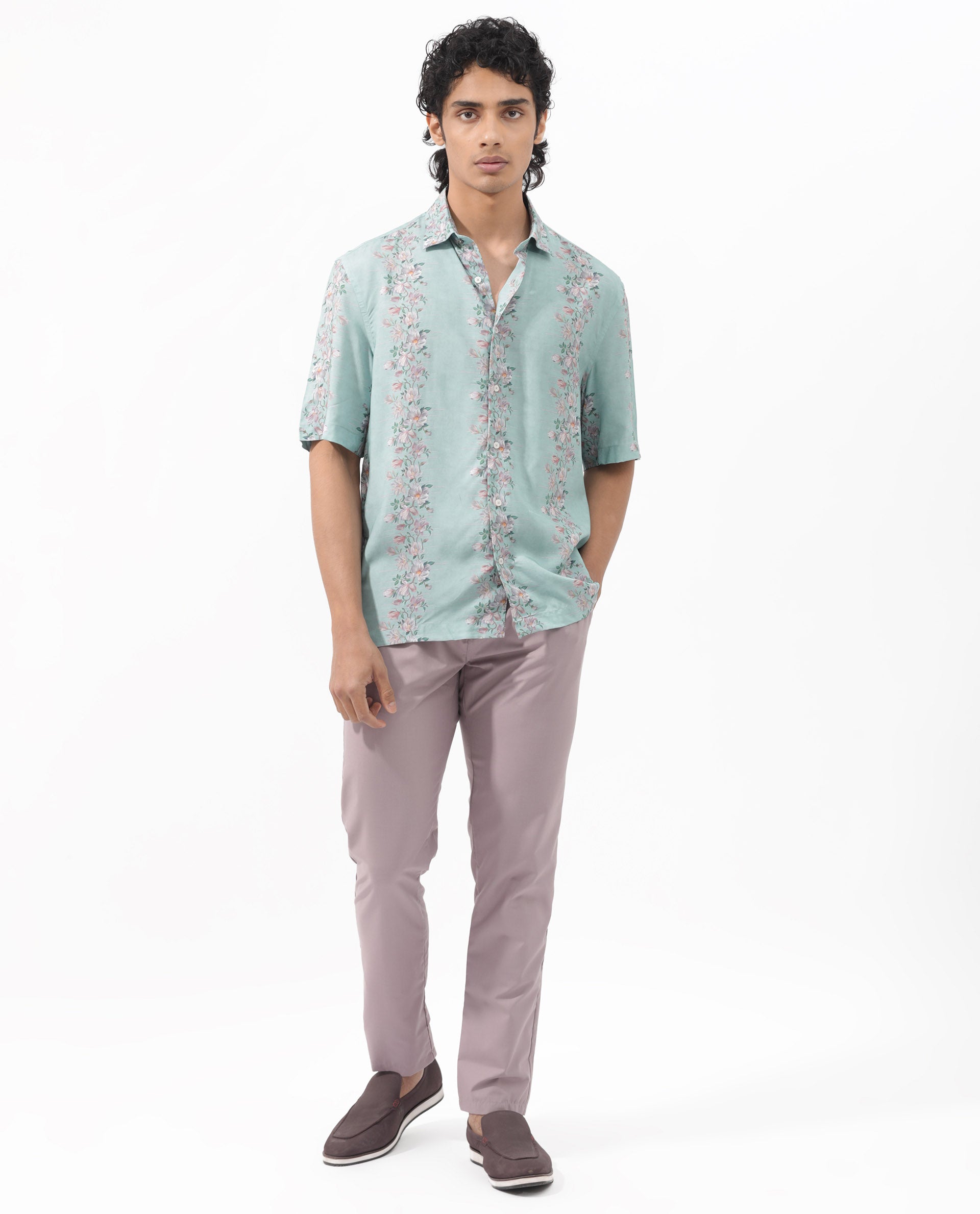 Rare Rabbit Men's Wreath Turq Viscose Fabric Half Sleeves Boxy Fit Floral Print Shirt