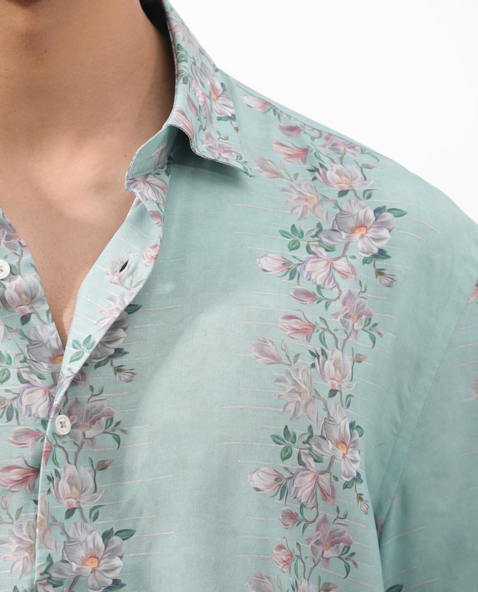 Rare Rabbit Men's Wreath Turq Viscose Fabric Half Sleeves Boxy Fit Floral Print Shirt