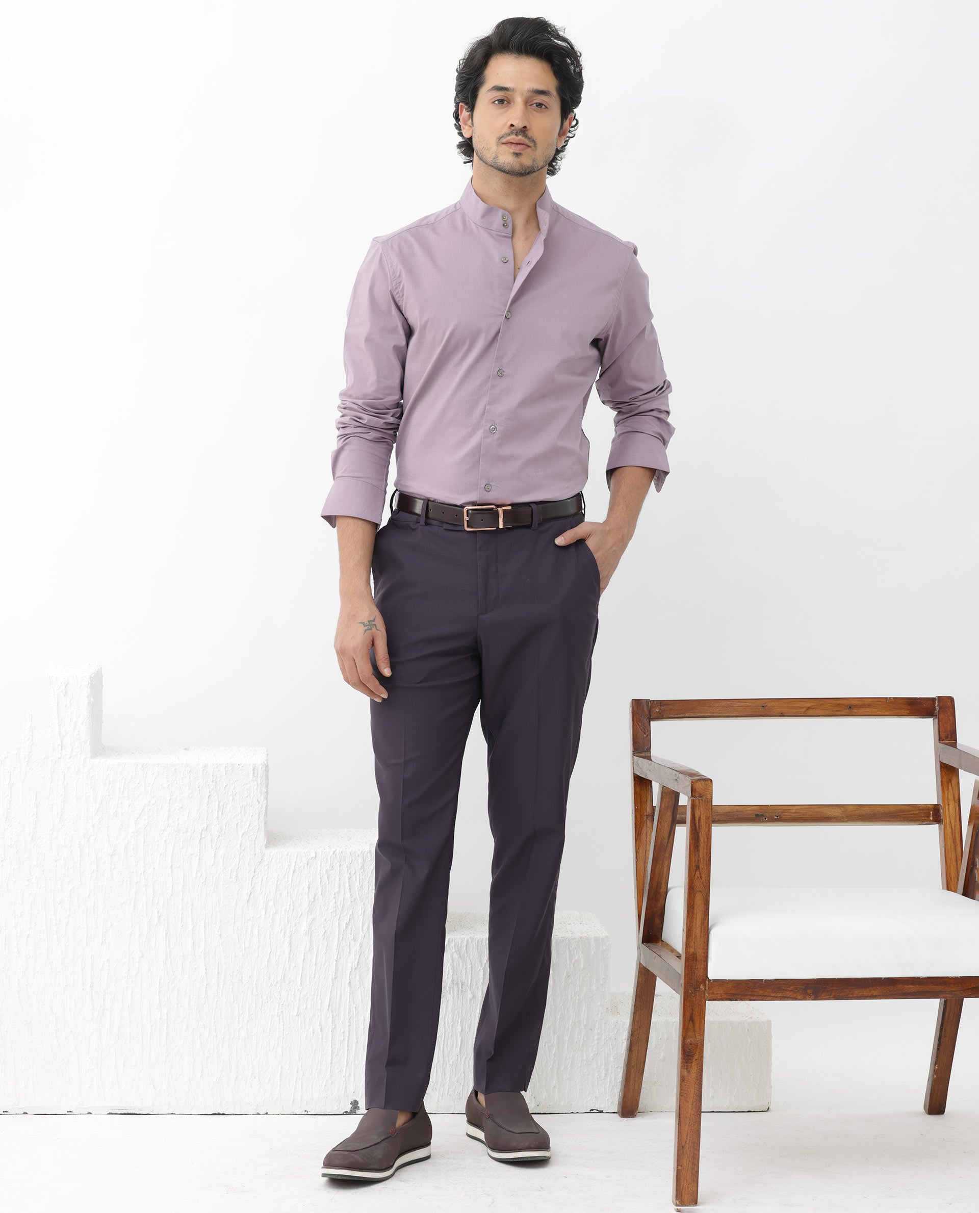 Rare Rabbit Men's Cox-3 Dusky Purple Cotton Polyester Fabric High Neck Mandarin Collar Full Sleeves Solid Shirt