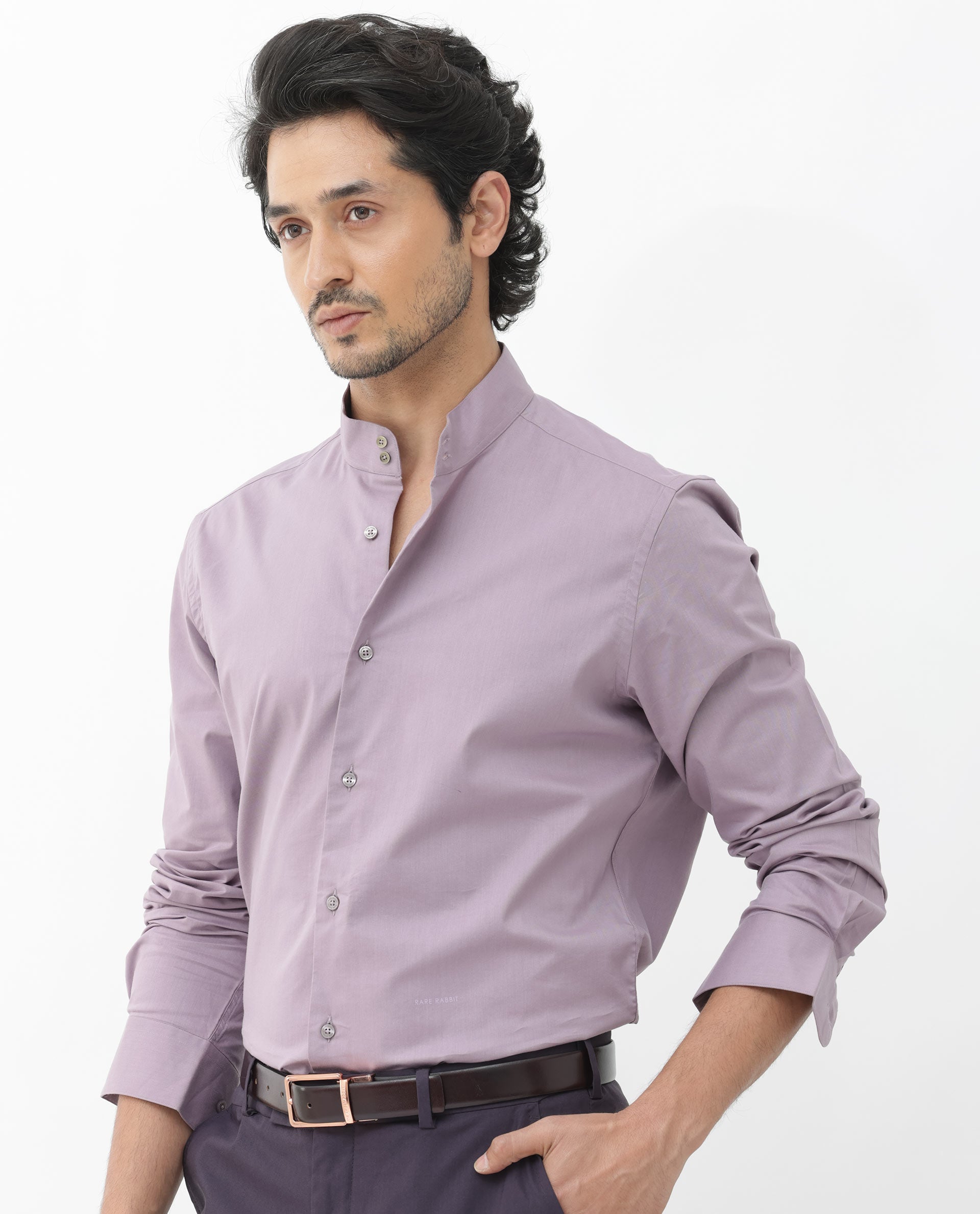 Rare Rabbit Men's Cox-3 Dusky Purple Cotton Polyester Fabric High Neck Mandarin Collar Full Sleeves Solid Shirt