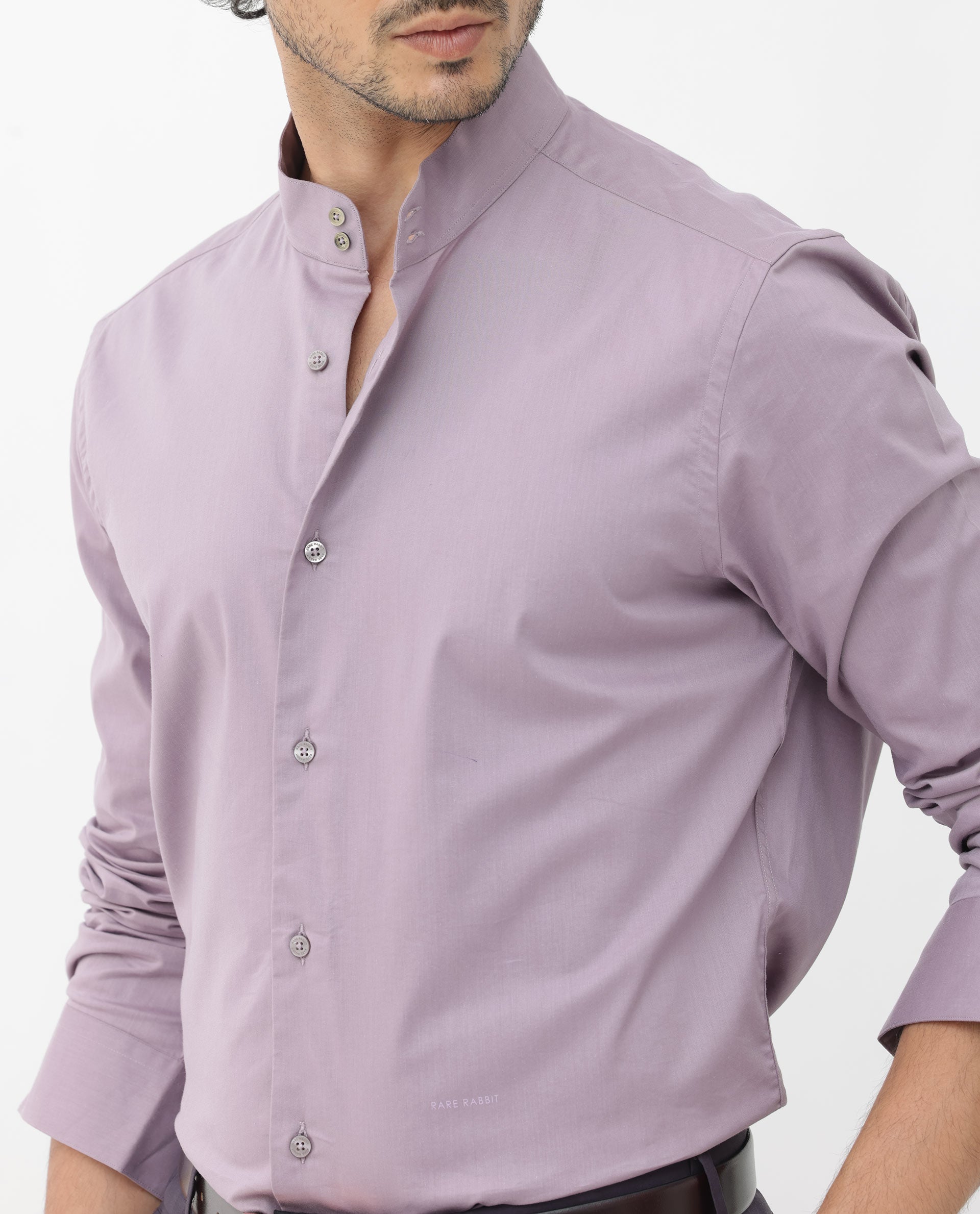 Rare Rabbit Men's Cox-3 Dusky Purple Cotton Polyester Fabric High Neck Mandarin Collar Full Sleeves Solid Shirt