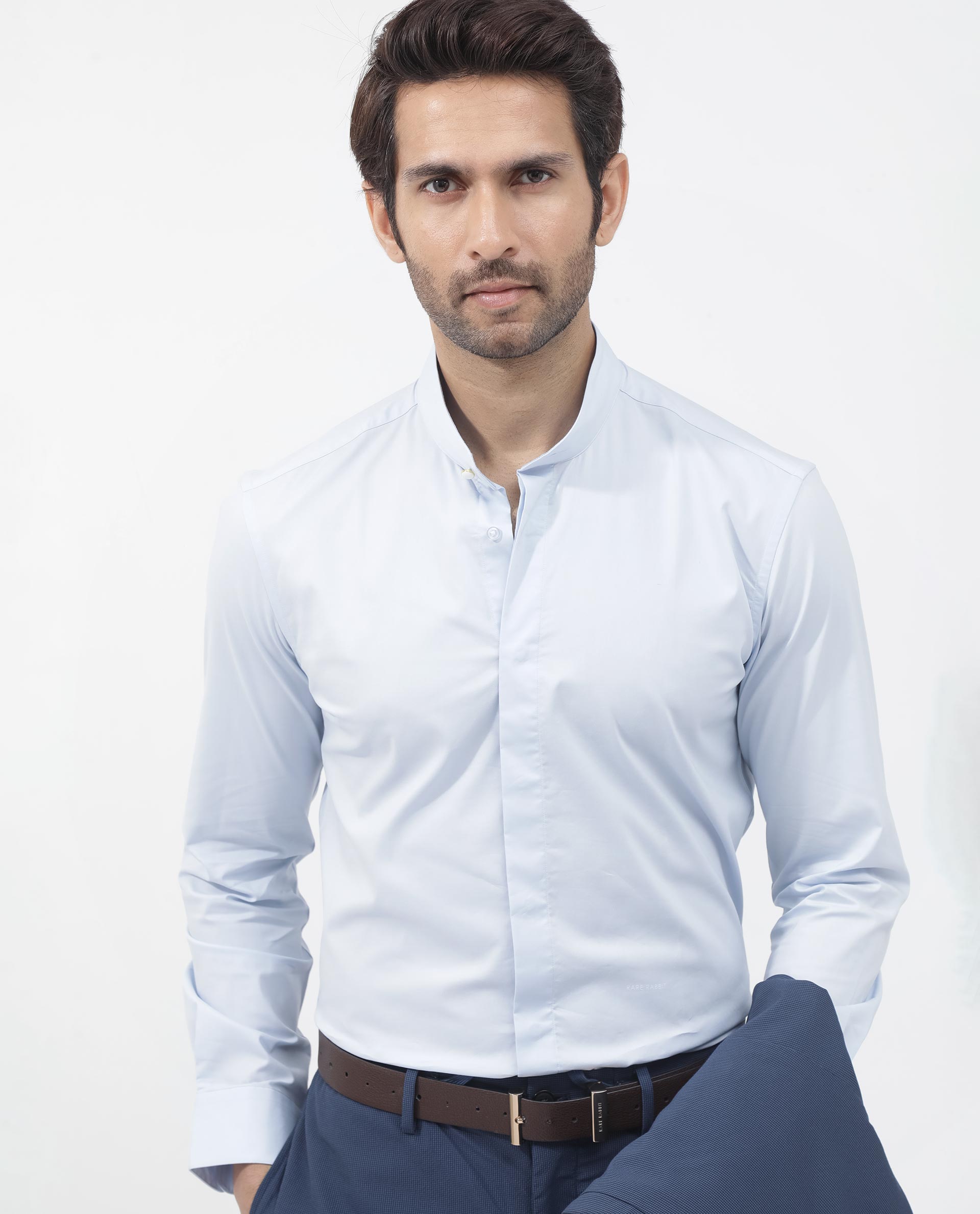 Rare Rabbit Mens Coz Pastel Blue Full Sleeve Mandarin Collar Cotton Blend Solid Shirt