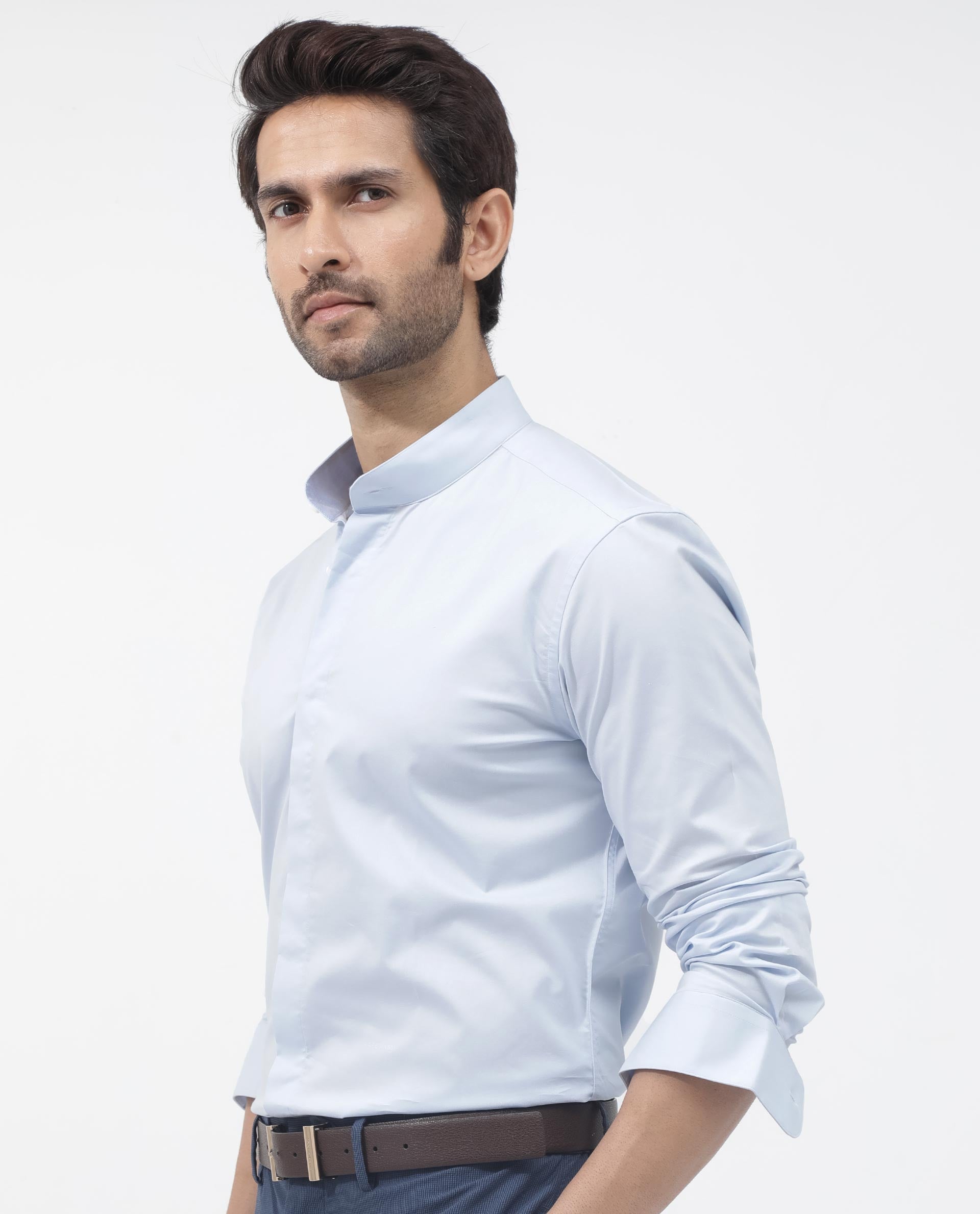 Rare Rabbit Mens Coz Pastel Blue Full Sleeve Mandarin Collar Cotton Blend Solid Shirt