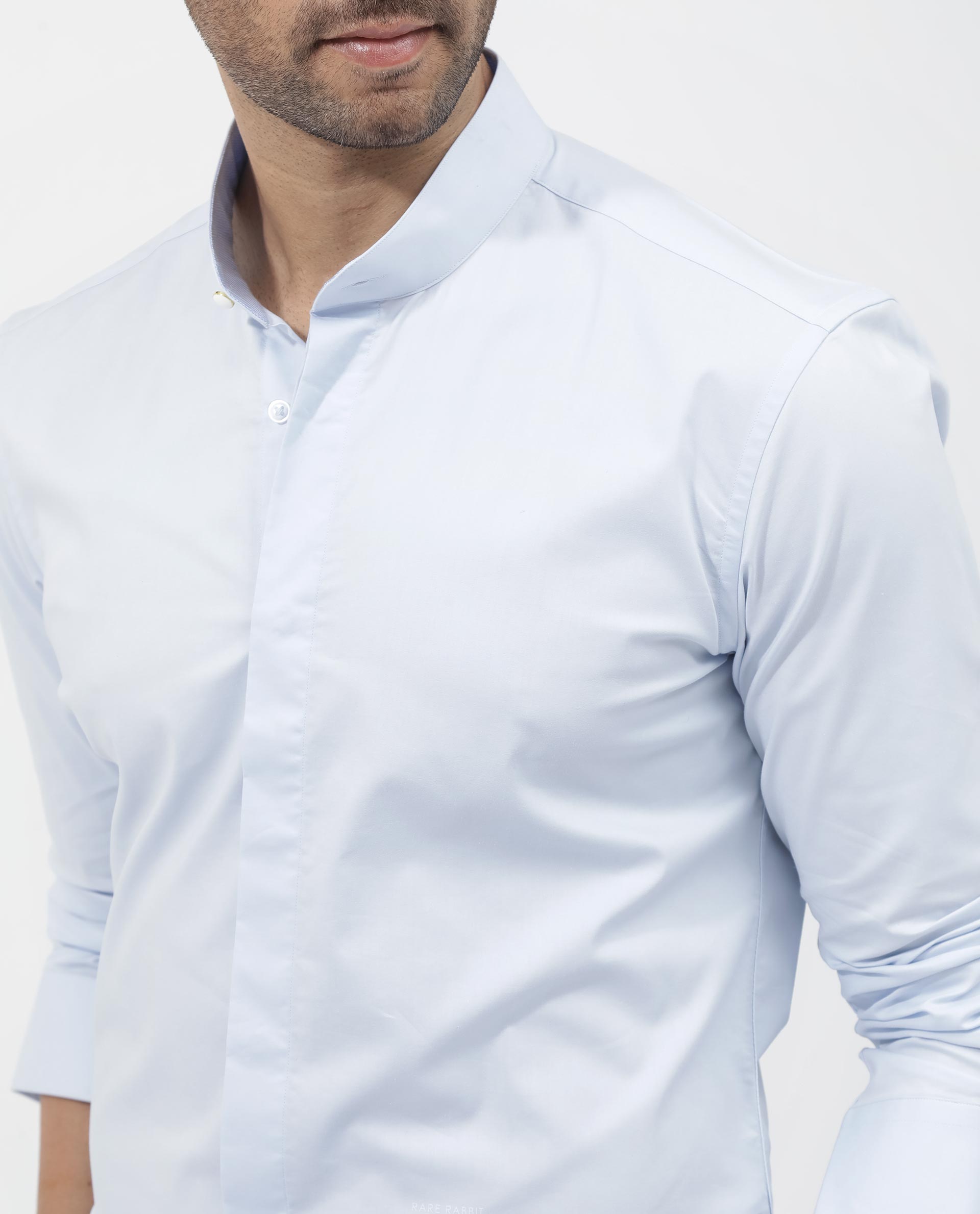 Rare Rabbit Mens Coz Pastel Blue Full Sleeve Mandarin Collar Cotton Blend Solid Shirt