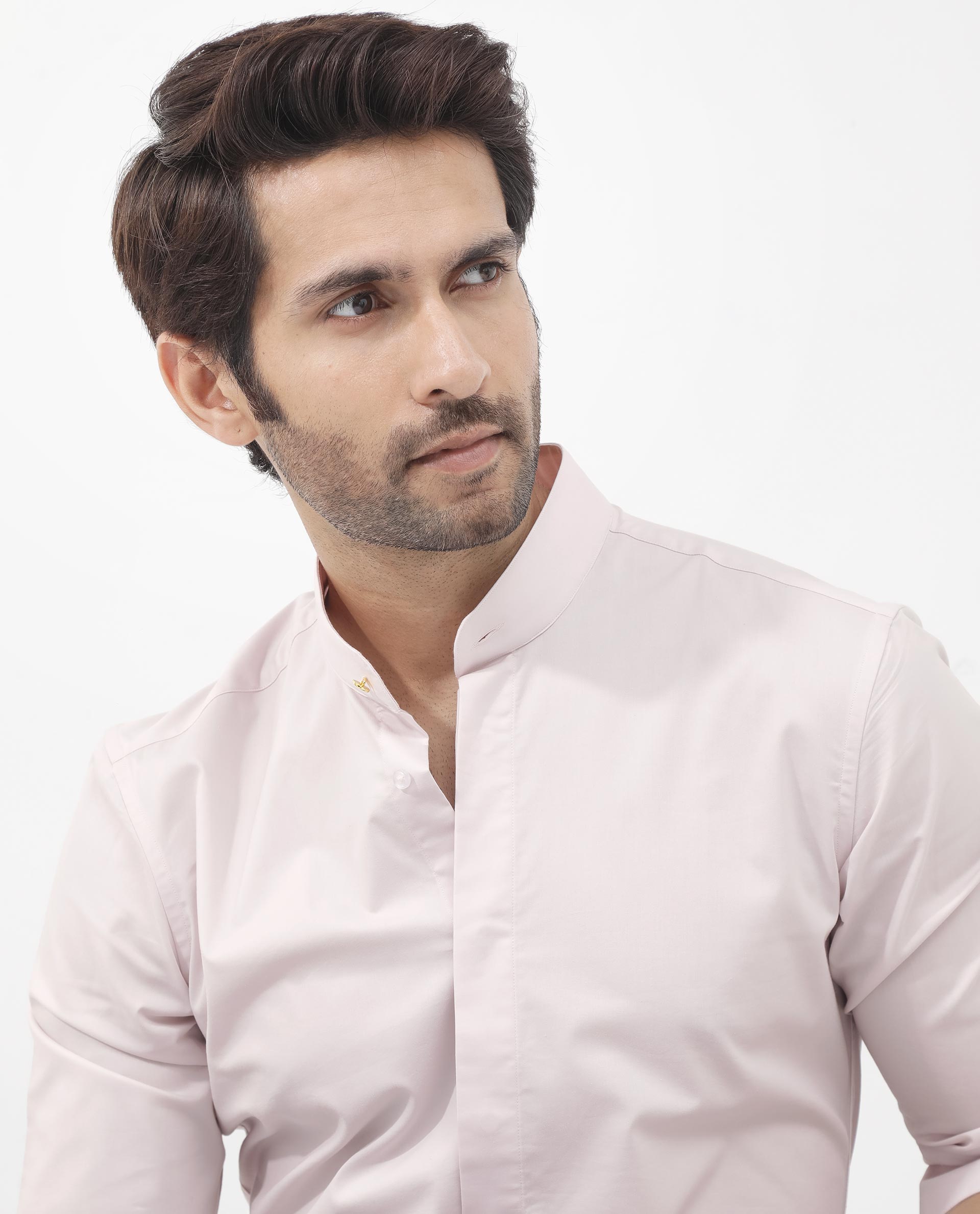 Rare Rabbit Mens Coz Pastel Pink Full Sleeve Mandarin Collar Cotton Blend Solid Shirt