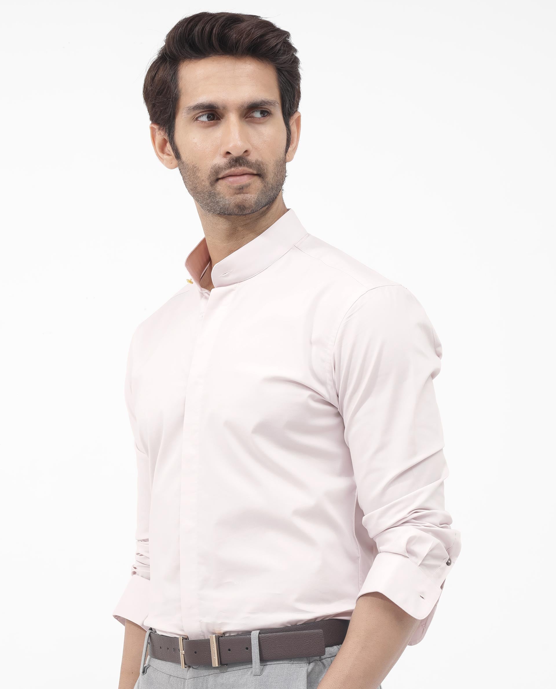 Rare Rabbit Mens Coz Pastel Pink Full Sleeve Mandarin Collar Cotton Blend Solid Shirt