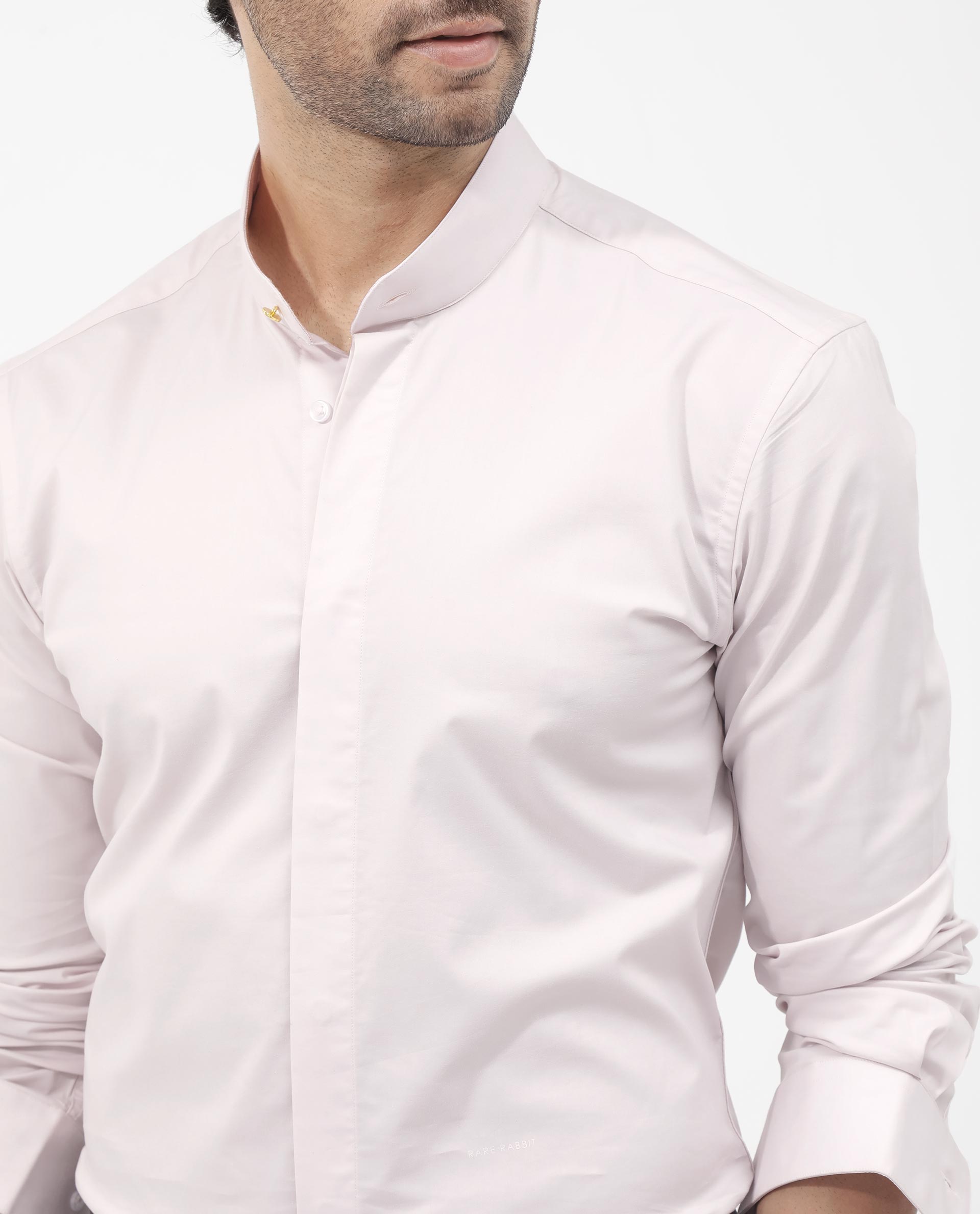 Rare Rabbit Mens Coz Pastel Pink Full Sleeve Mandarin Collar Cotton Blend Solid Shirt