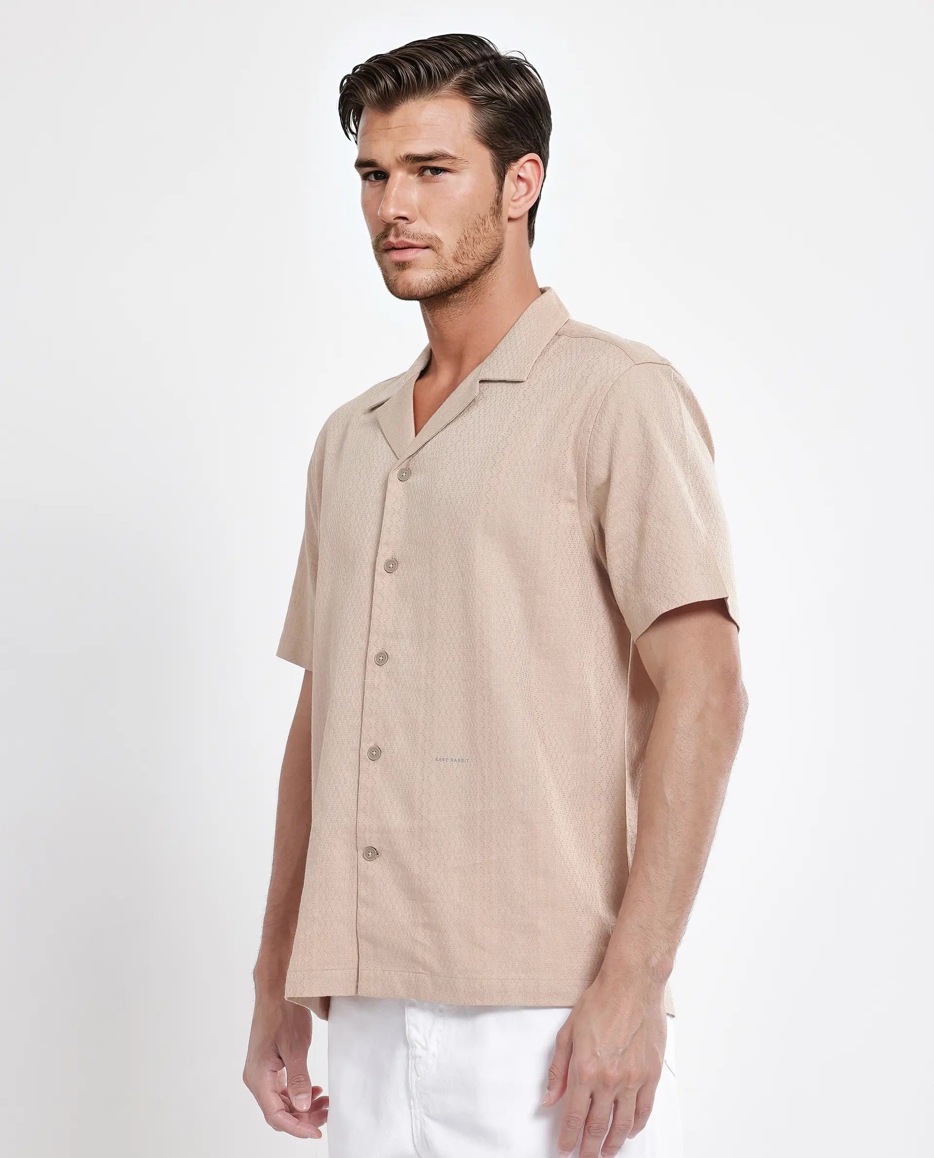 Rare Rabbit Men's Craggy Dusky Beige Cotton Fabric Short Sleeve Cuban Collar Button Closure Striped Shirt