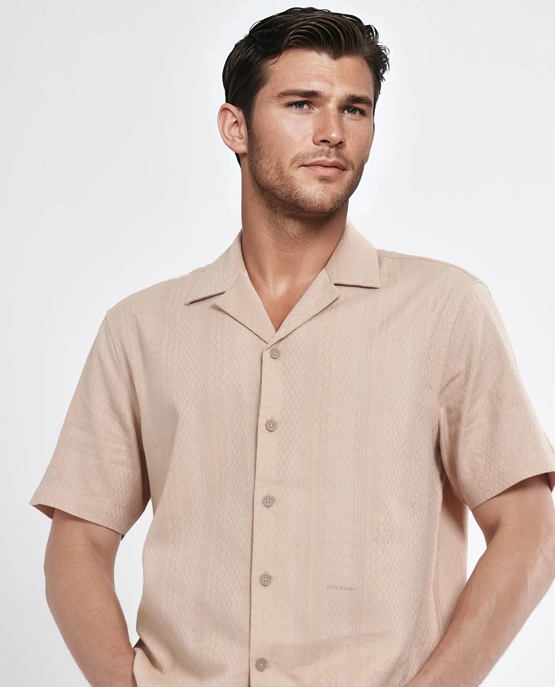 Rare Rabbit Men's Craggy Dusky Beige Cotton Fabric Short Sleeve Cuban Collar Button Closure Striped Shirt