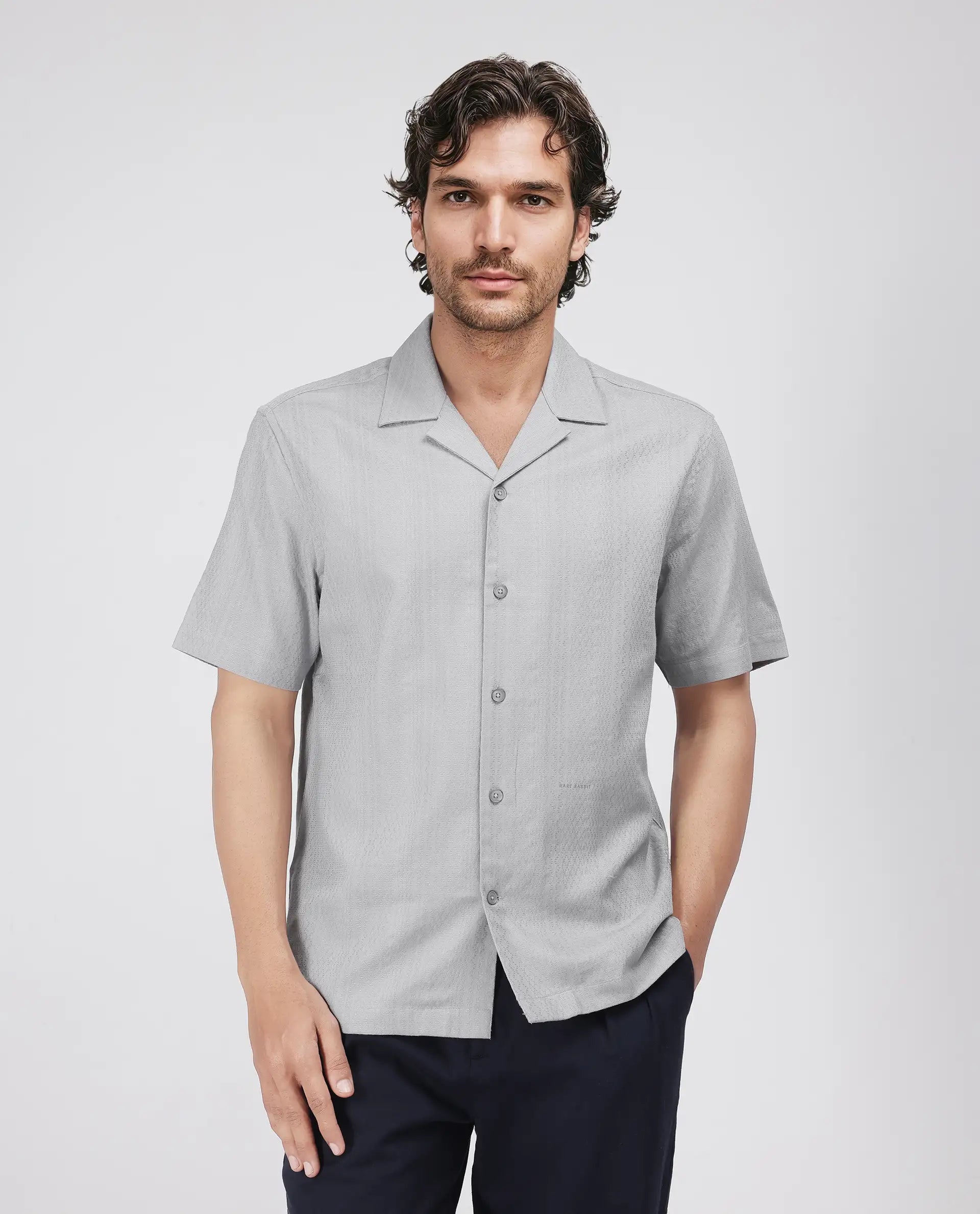 Rare Rabbit Men's Craggy Light Grey Cotton Fabric Short Sleeve Cuban Collar Button Closure Striped Shirt