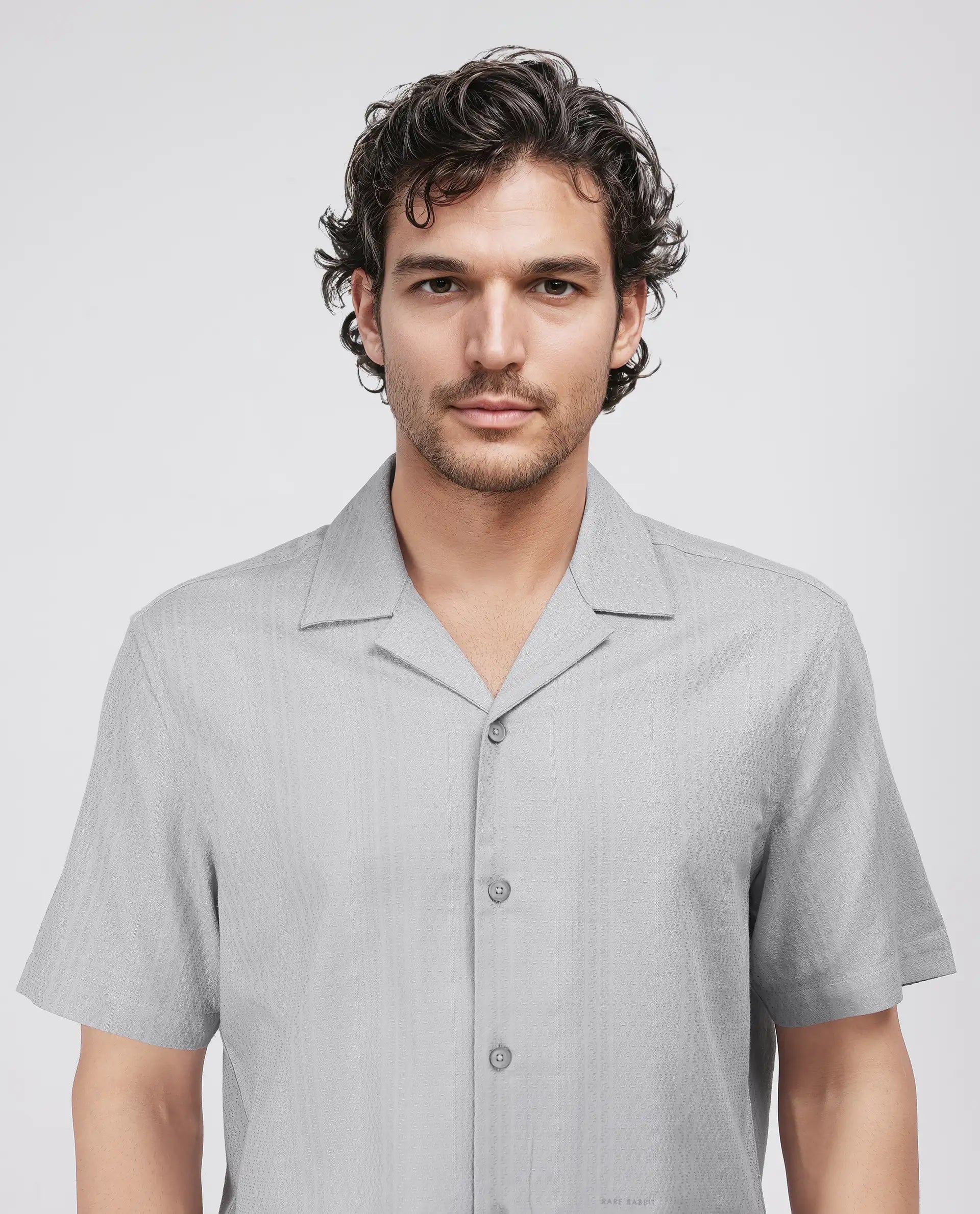 Rare Rabbit Men's Craggy Light Grey Cotton Fabric Short Sleeve Cuban Collar Button Closure Striped Shirt