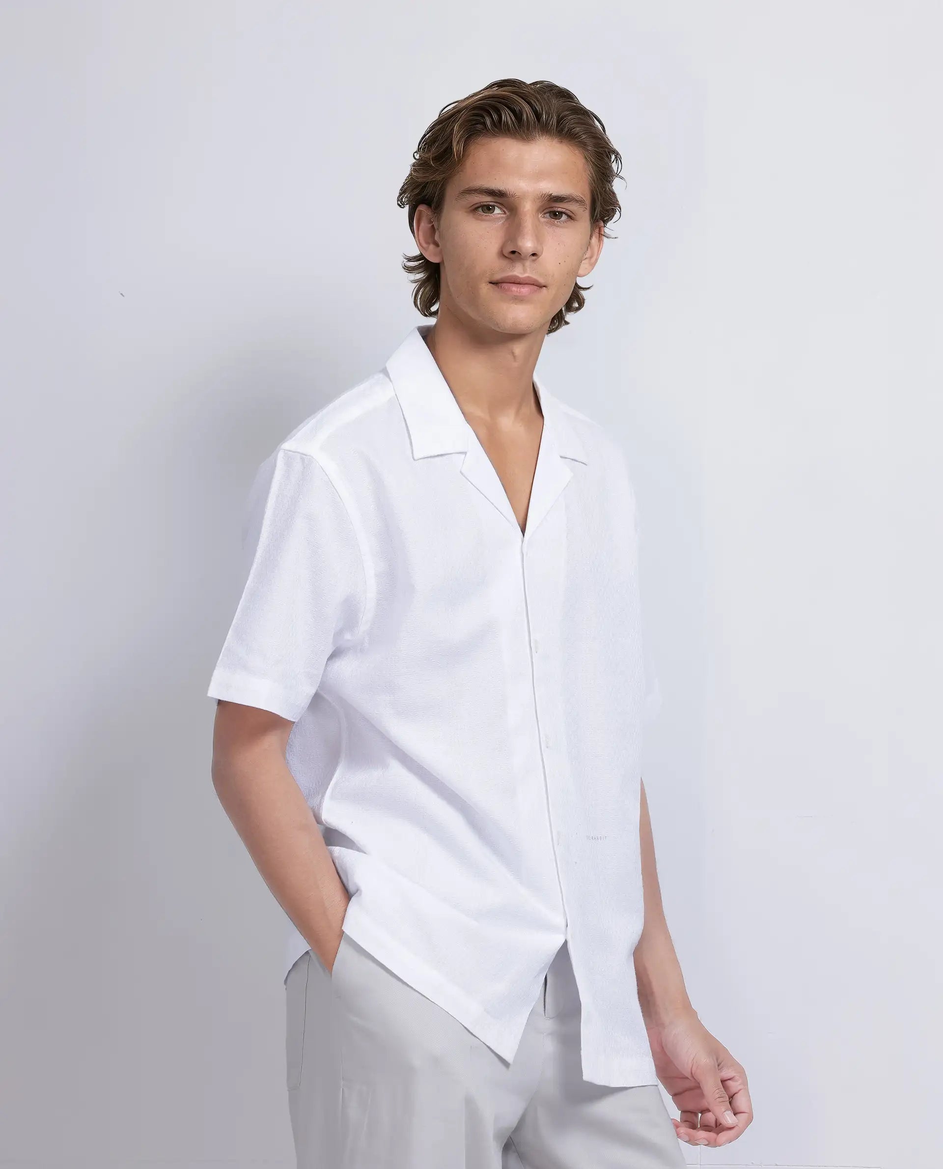 Rare Rabbit Men's Craggy White Cotton Fabric Short Sleeve Cuban Collar Button Closure Striped Shirt