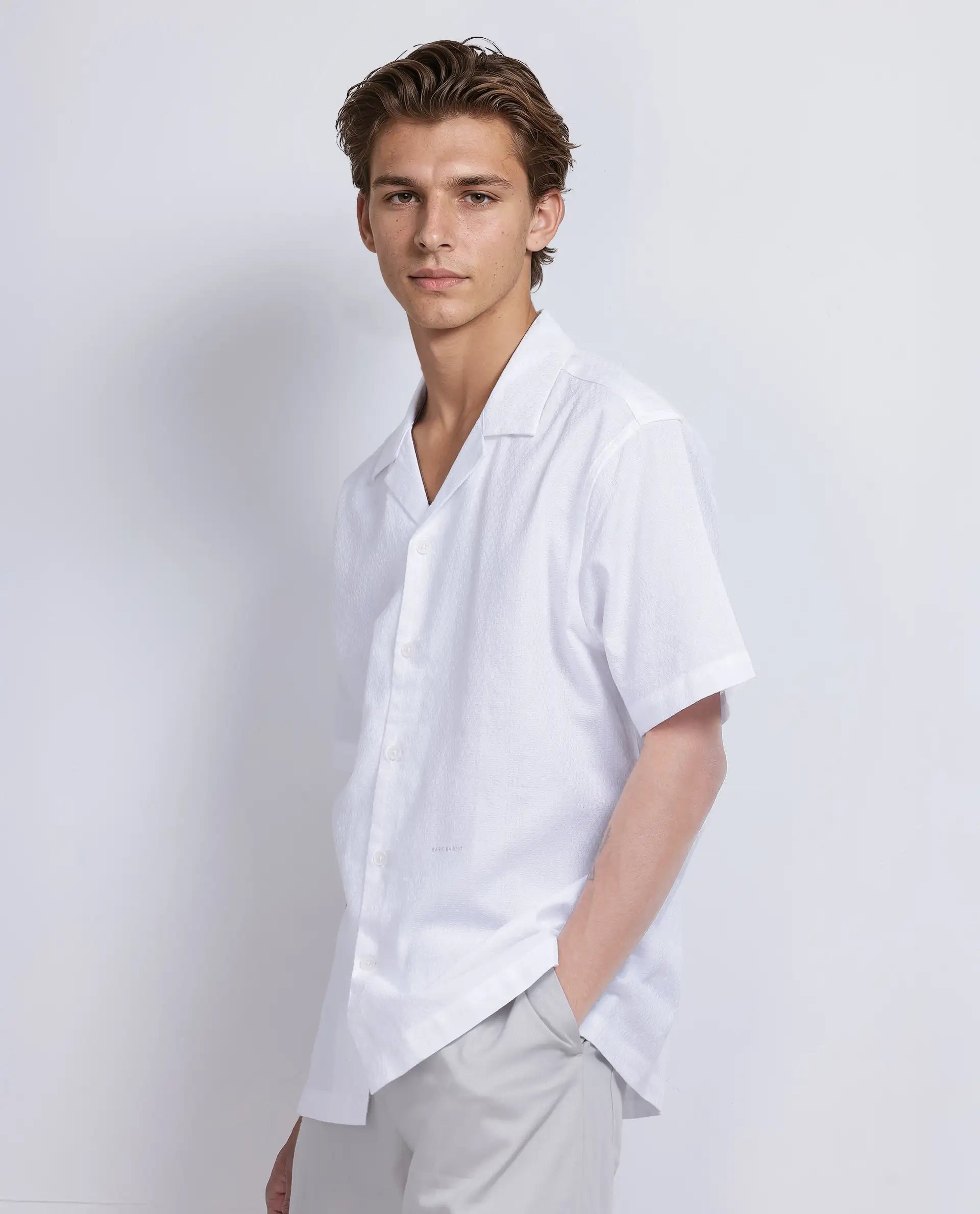 Rare Rabbit Men's Craggy White Cotton Fabric Short Sleeve Cuban Collar Button Closure Striped Shirt