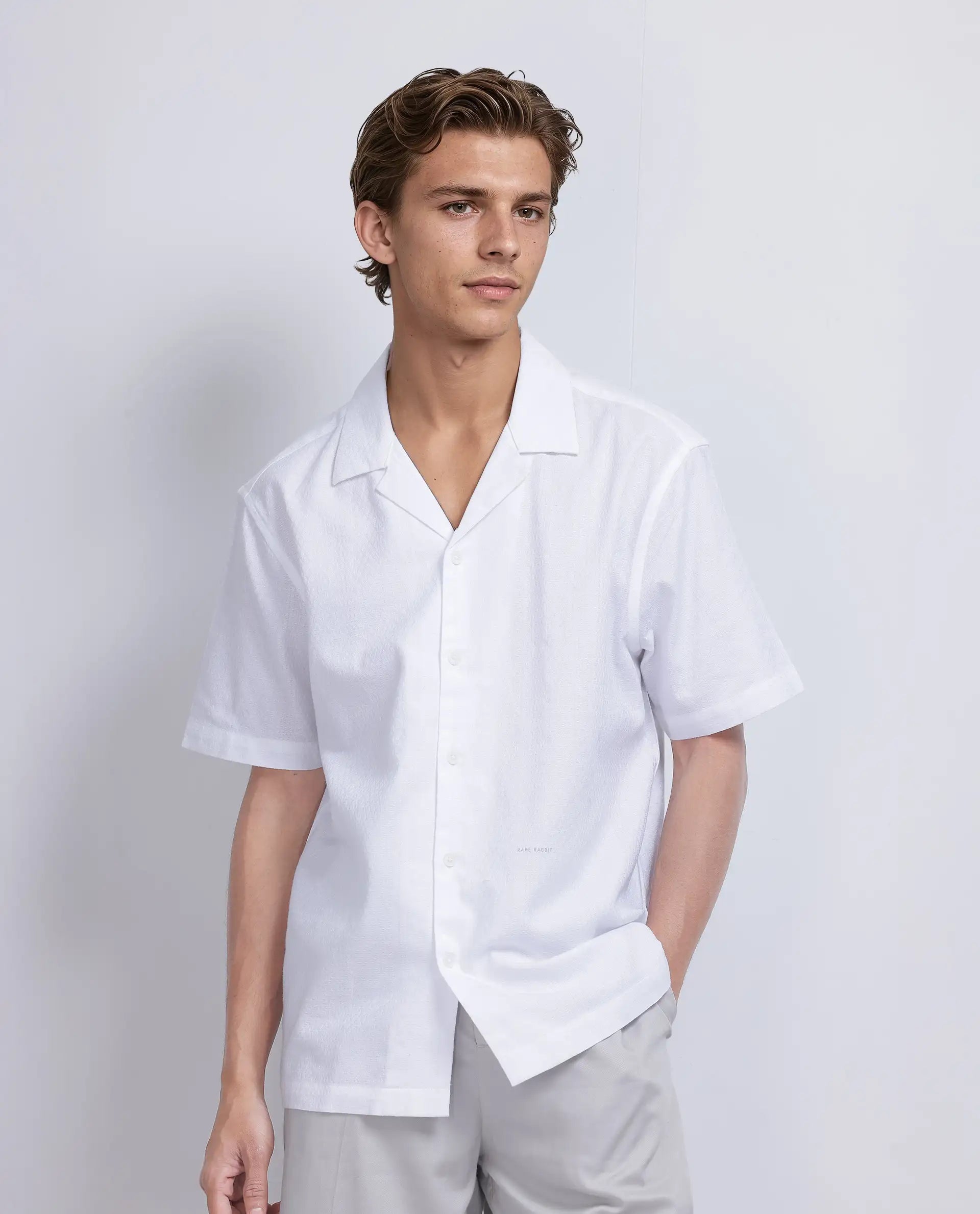 Rare Rabbit Men's Craggy White Cotton Fabric Short Sleeve Cuban Collar Button Closure Striped Shirt