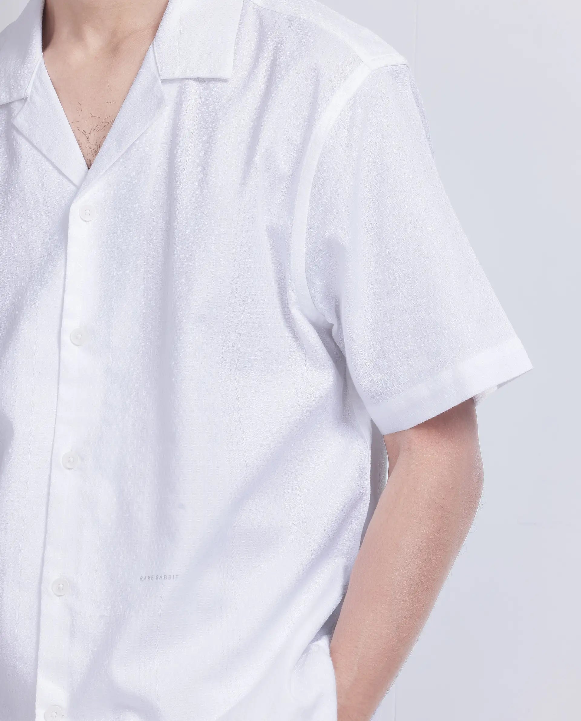 Rare Rabbit Men's Craggy White Cotton Fabric Short Sleeve Cuban Collar Button Closure Striped Shirt