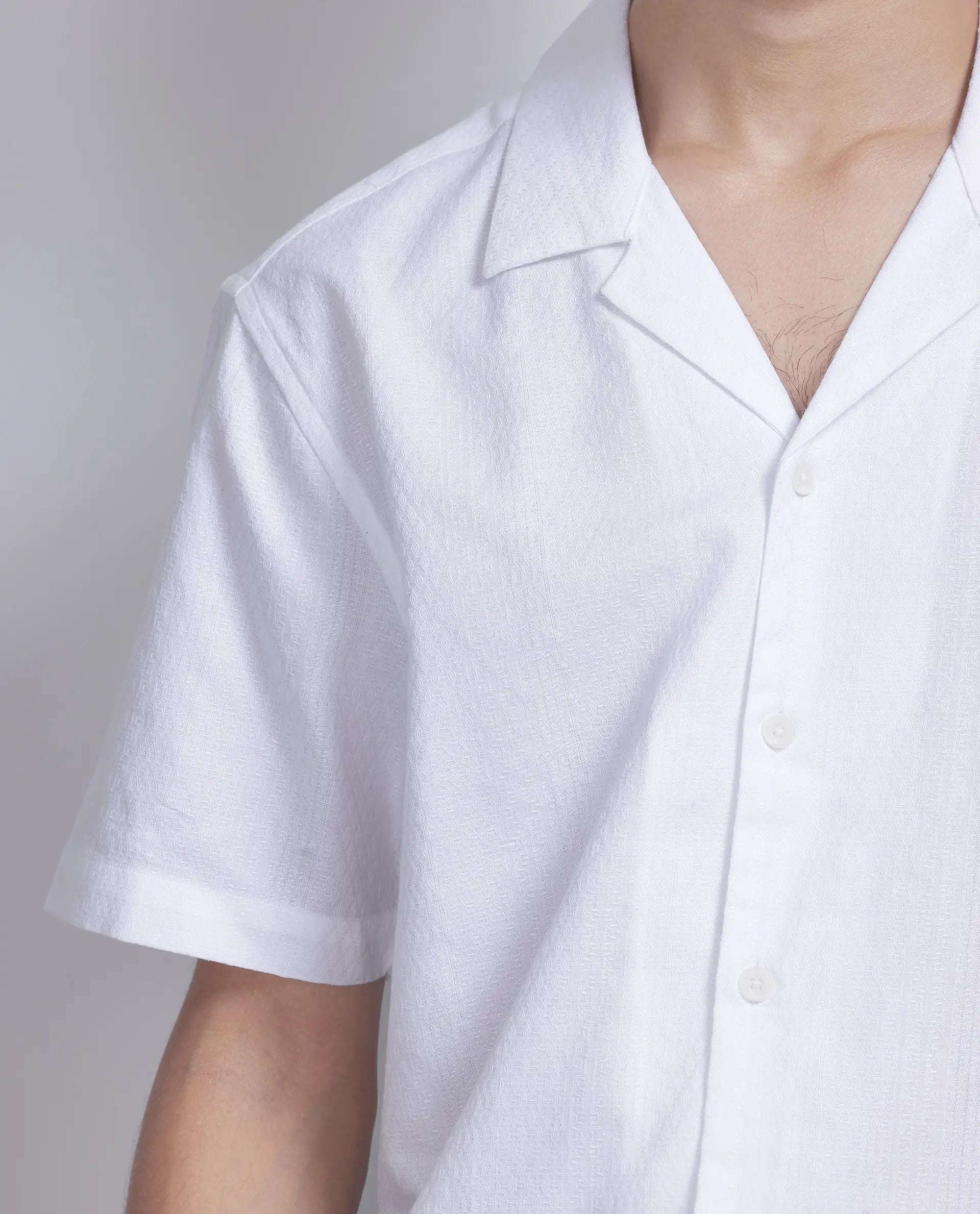 Rare Rabbit Men's Craggy White Cotton Fabric Short Sleeve Cuban Collar Button Closure Striped Shirt