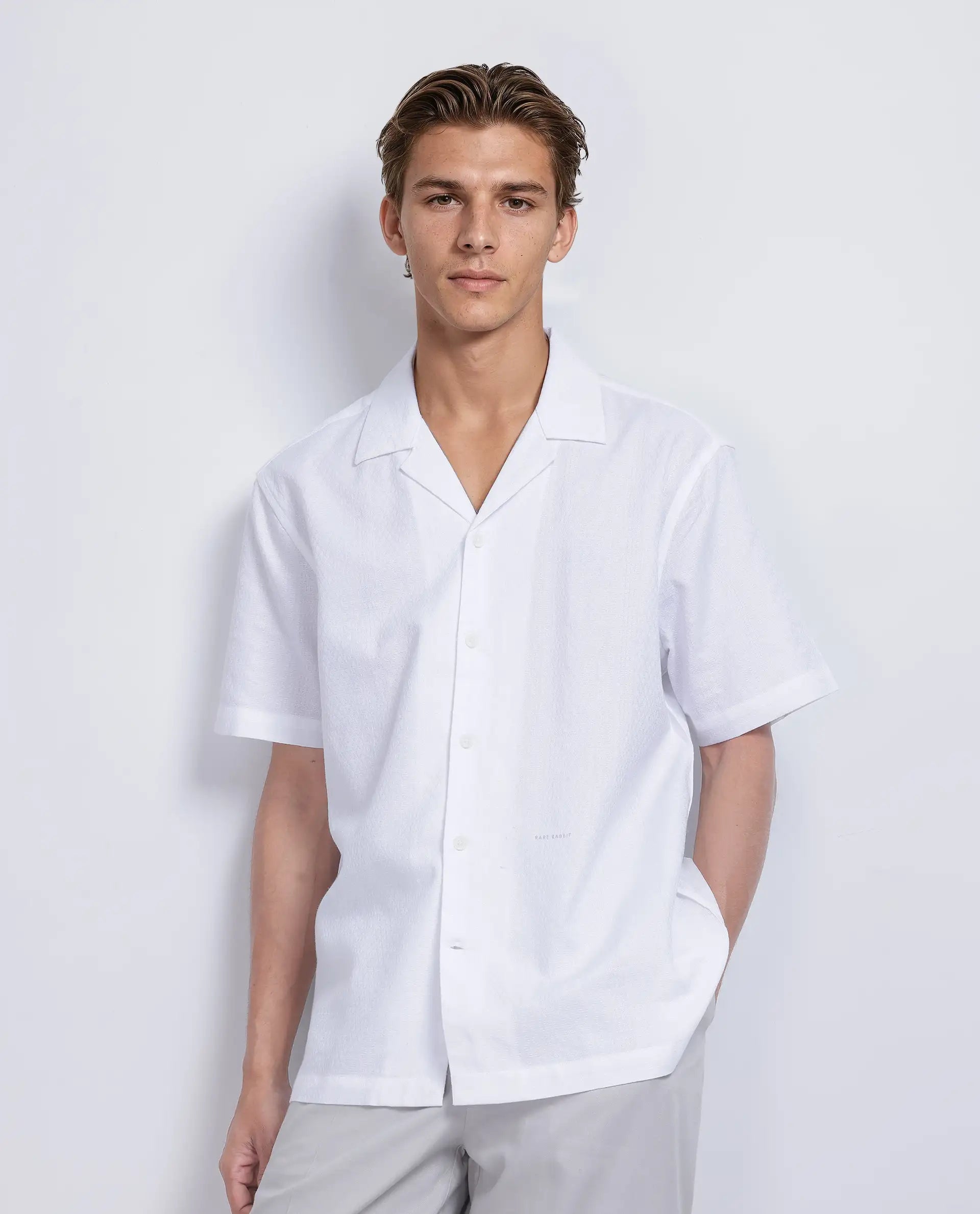 Rare Rabbit Men's Craggy White Cotton Fabric Short Sleeve Cuban Collar Button Closure Striped Shirt