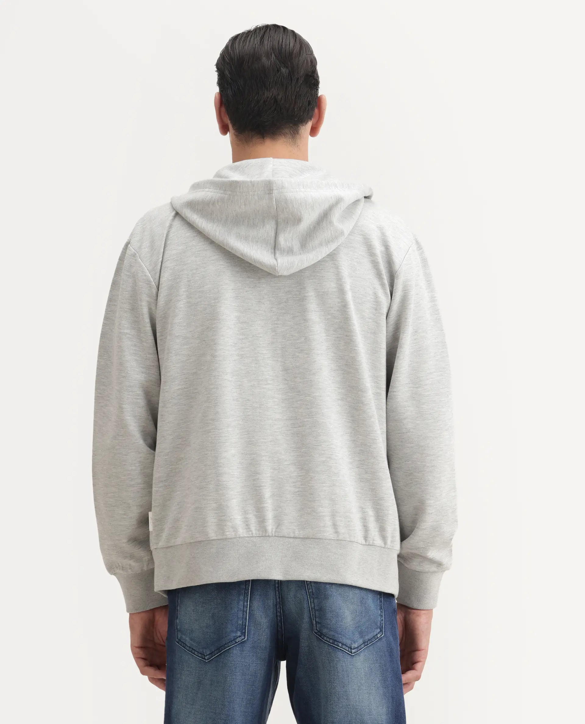 Rare Rabbit Men's Crea-T Melange Grey Modal Blend Fabric Full Sleeves Hooded Zipper Closure Label Print Sweatshirt
