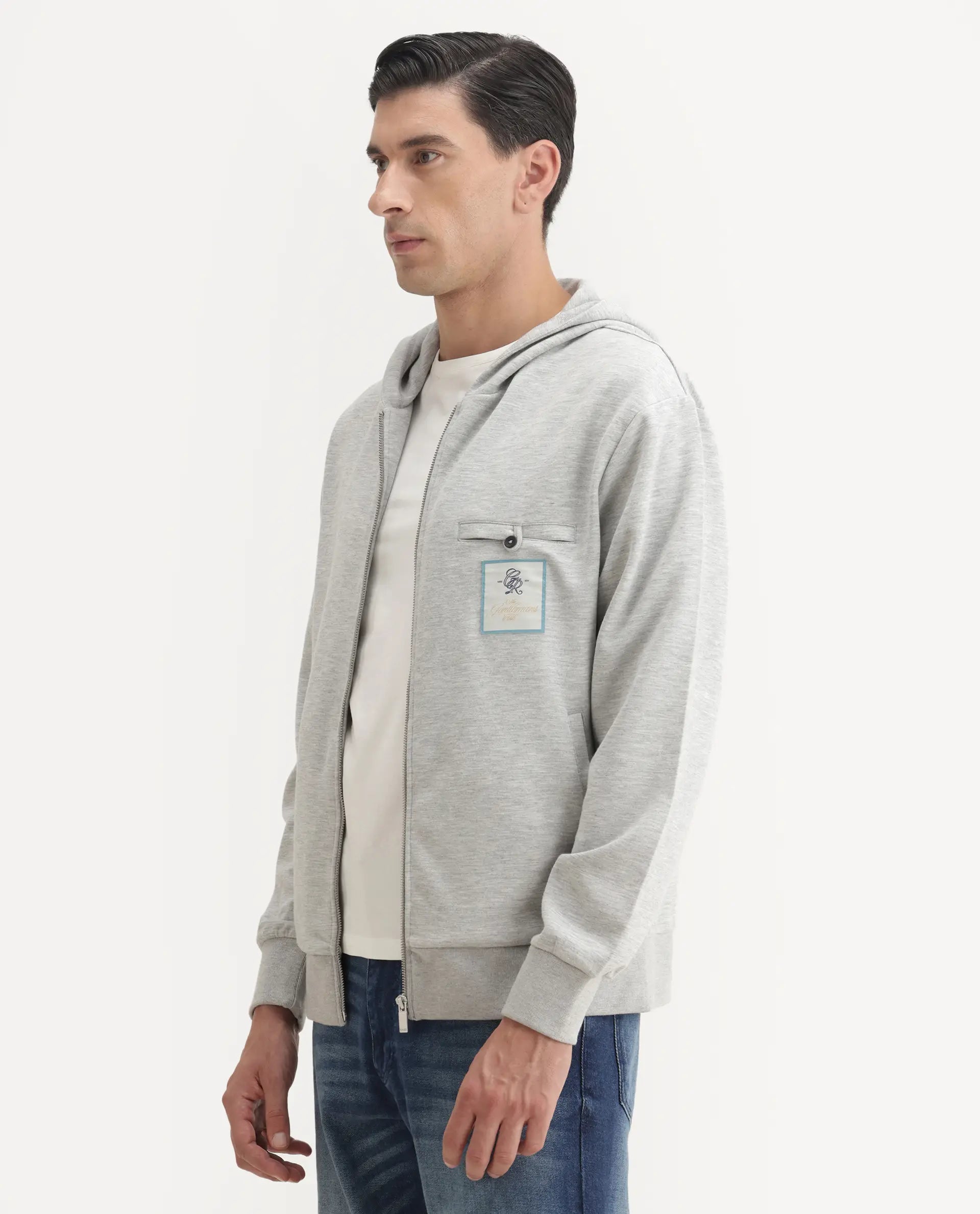 Rare Rabbit Men's Crea-T Melange Grey Modal Blend Fabric Full Sleeves Hooded Zipper Closure Label Print Sweatshirt