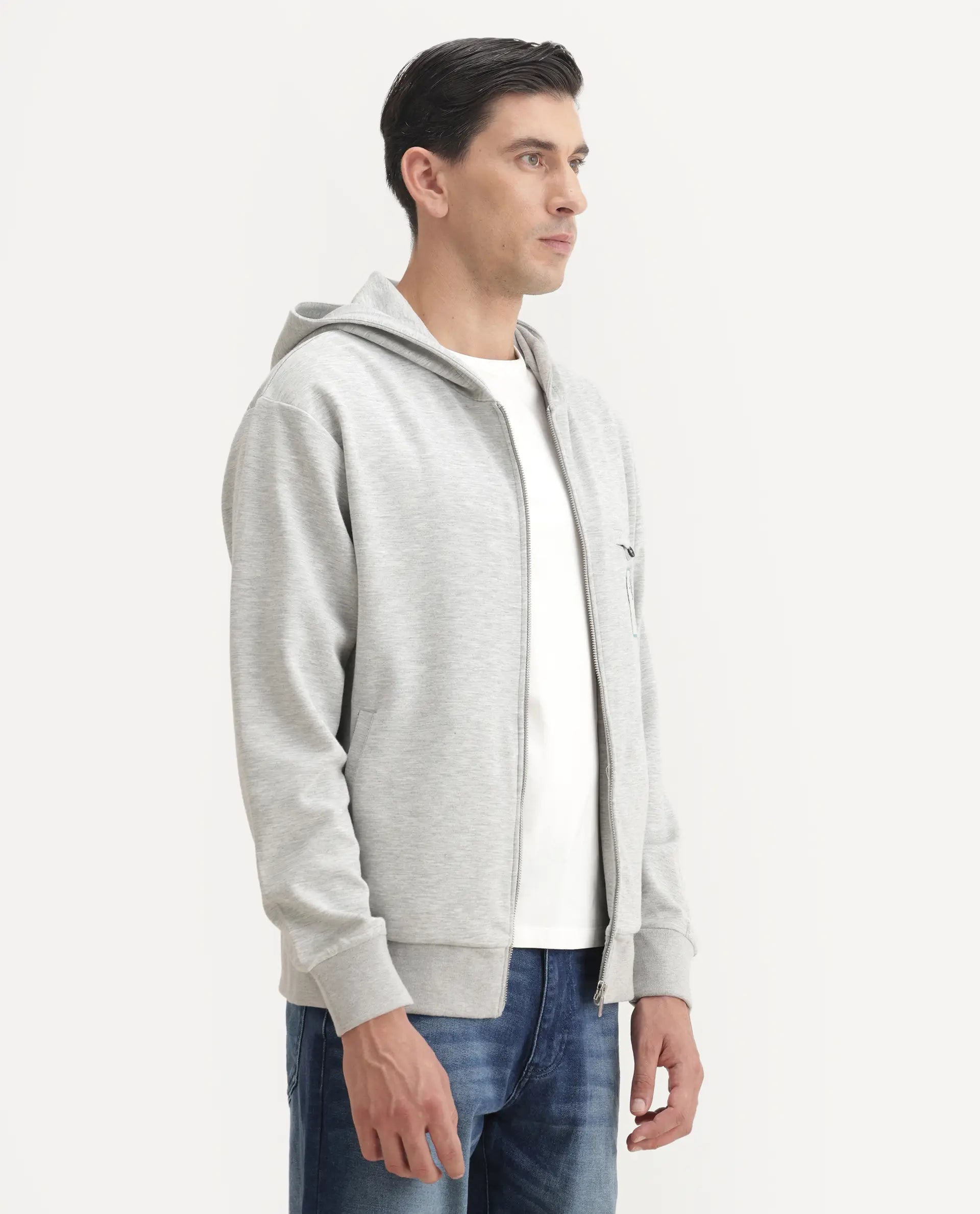 Rare Rabbit Men's Crea-T Melange Grey Modal Blend Fabric Full Sleeves Hooded Zipper Closure Label Print Sweatshirt