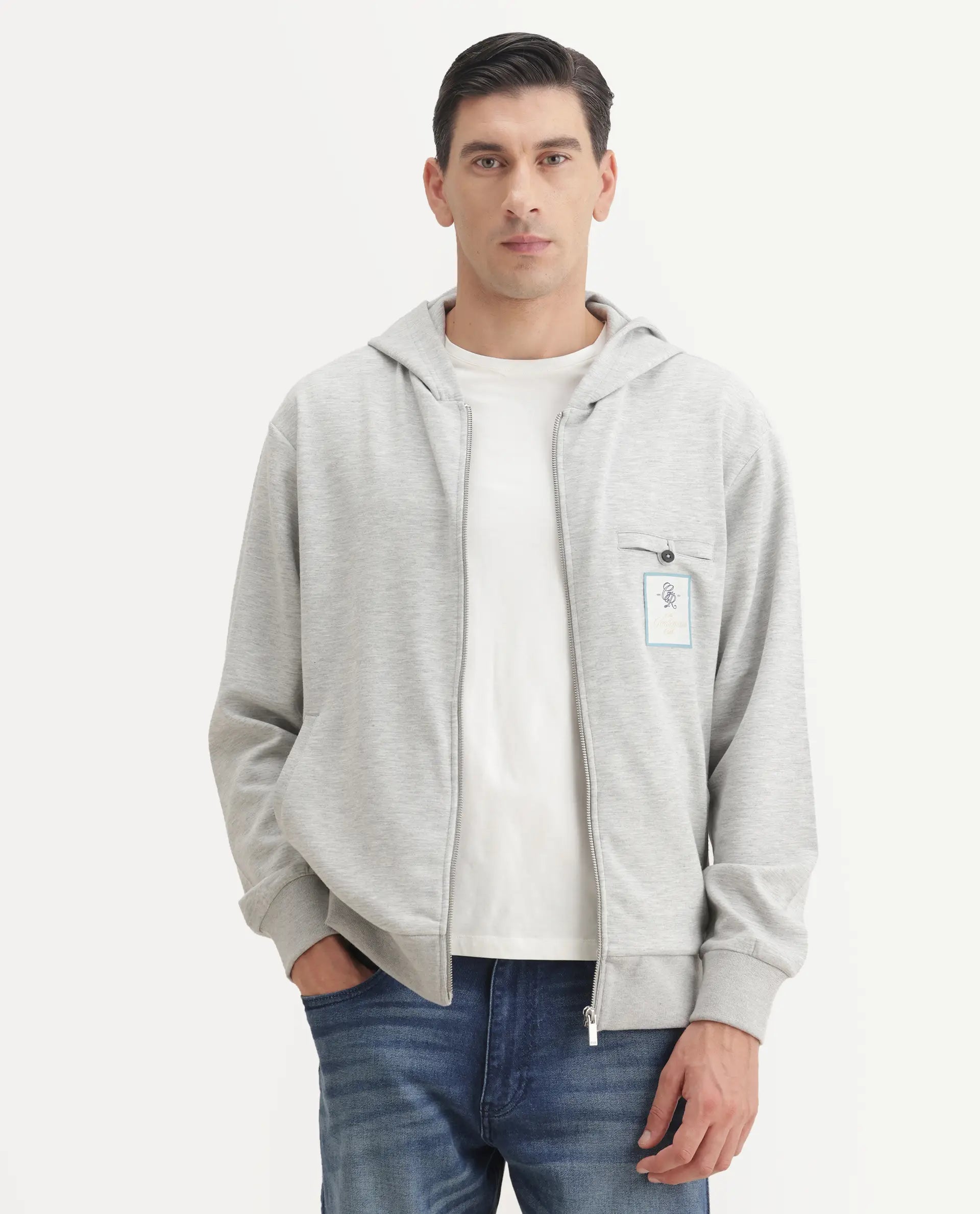 Rare Rabbit Men's Crea-T Melange Grey Modal Blend Fabric Full Sleeves Hooded Zipper Closure Label Print Sweatshirt