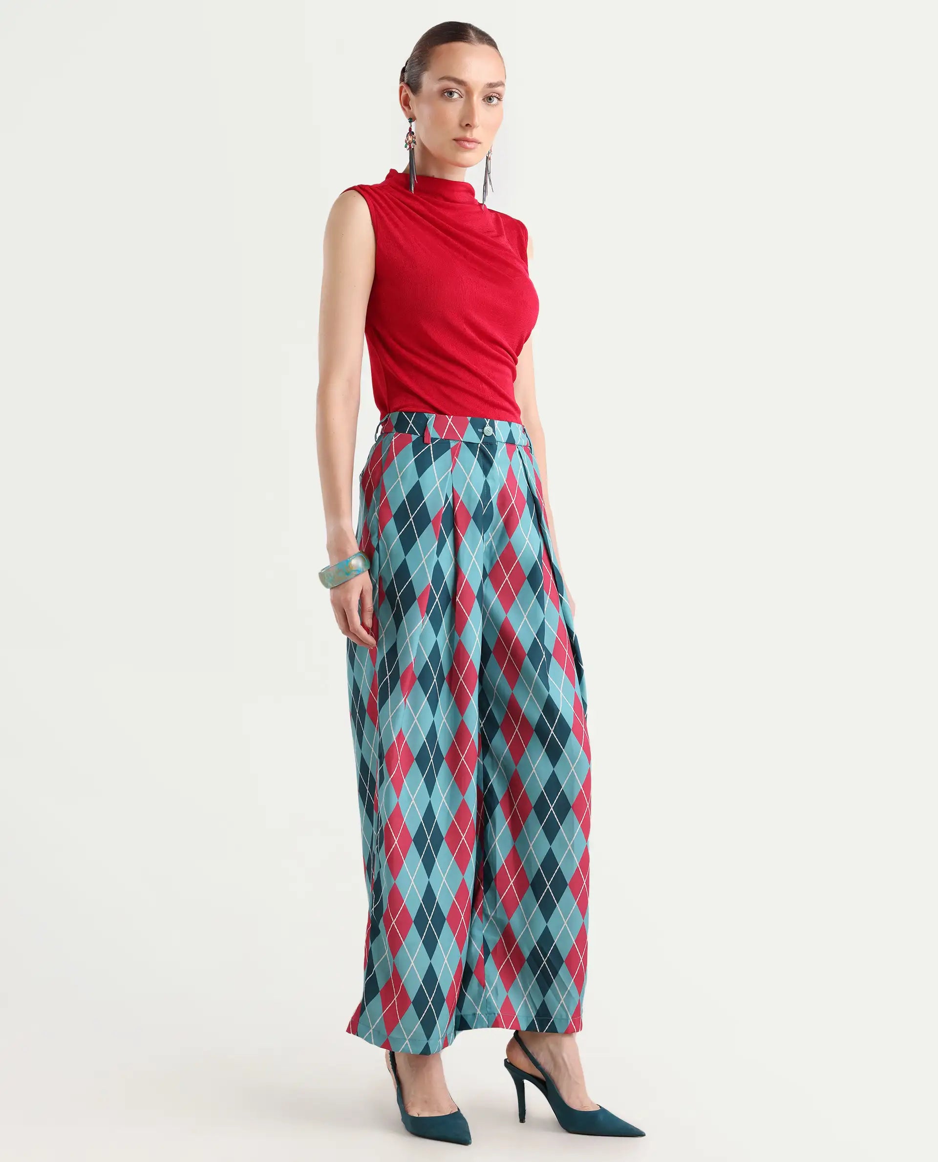 Rareism Women's Creman Multi Polyester Blend Geometric Print Ankle Length Wide Trouser