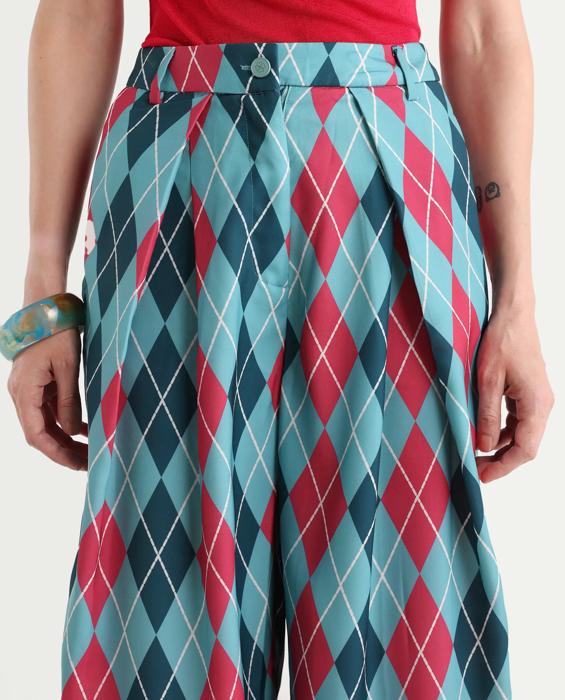 Rareism Women's Creman Multi Polyester Blend Geometric Print Ankle Length Wide Trouser