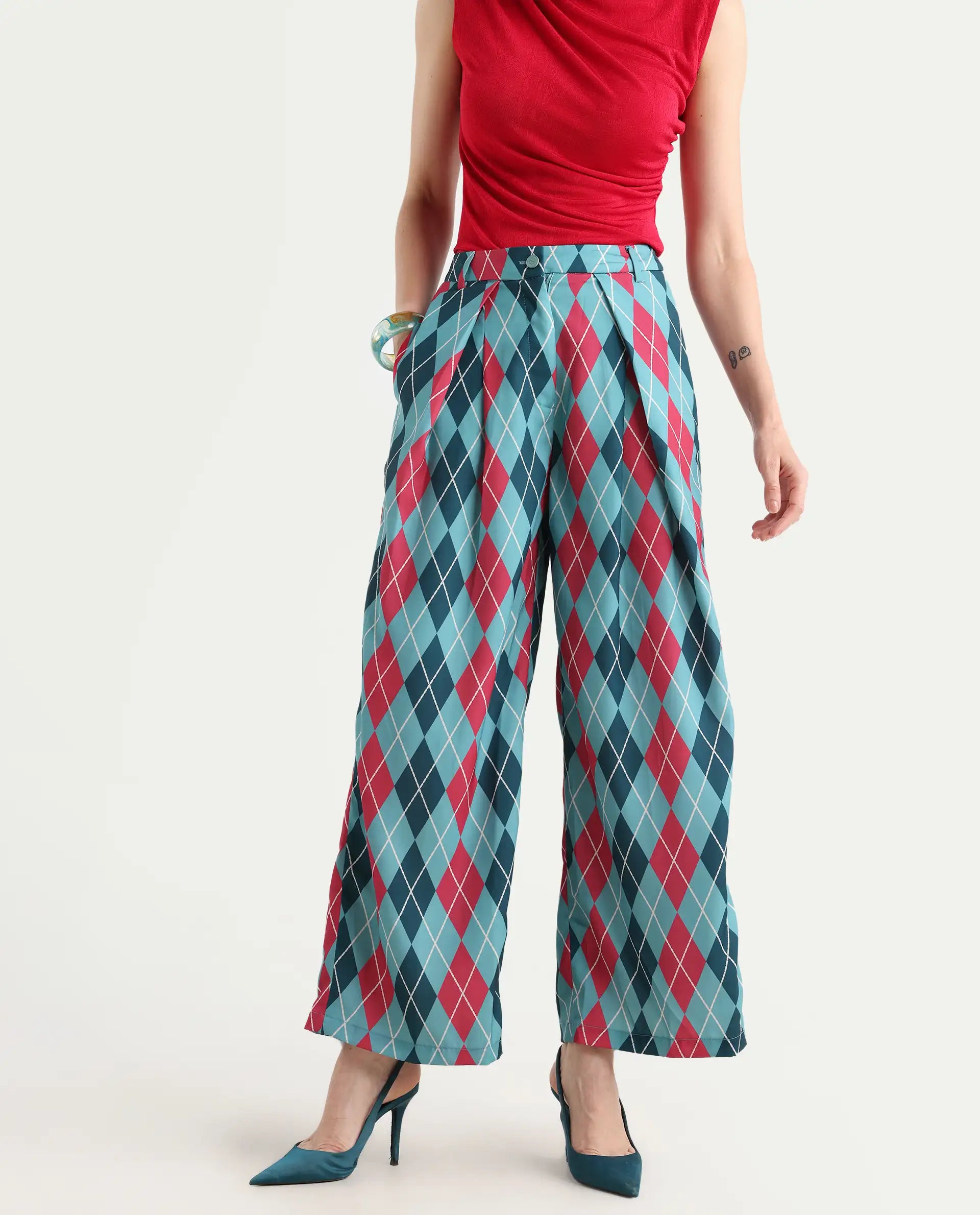 Rareism Women's Creman Multi Polyester Blend Geometric Print Ankle Length Wide Trouser
