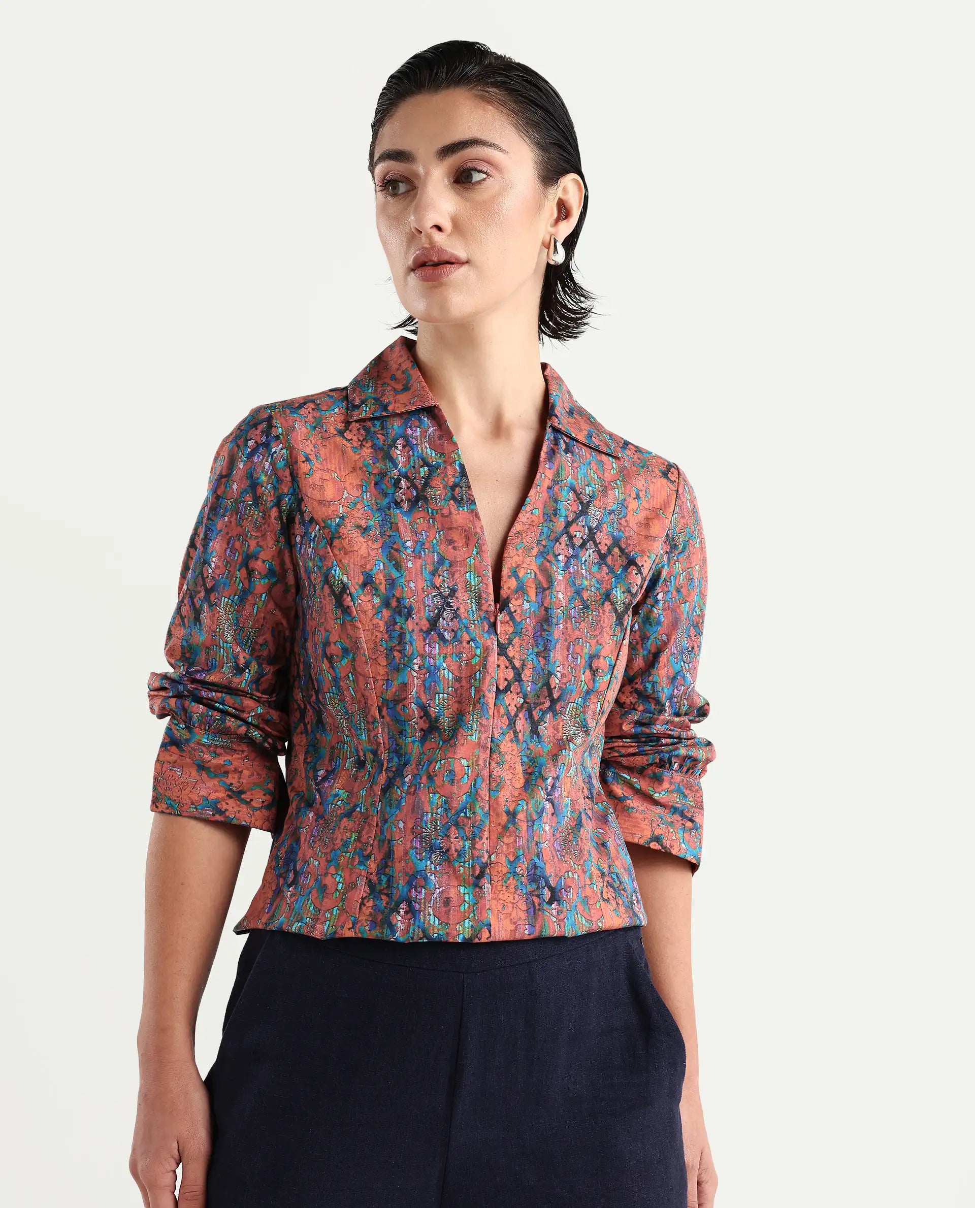 Rareism Women's Cremona Multi Cotton Johnny Collar Abstract Print Cuffed Sleeve Regular Fit Top